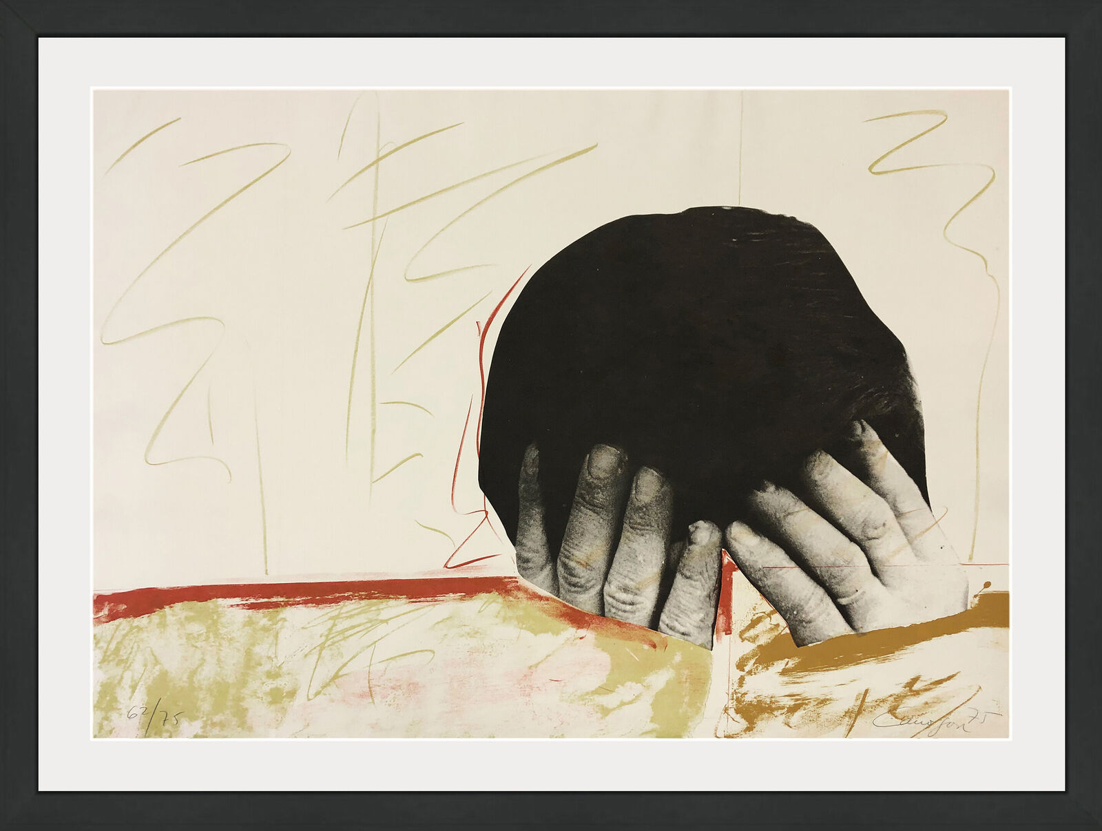 A black and white painting of a person covering their face with their hands.