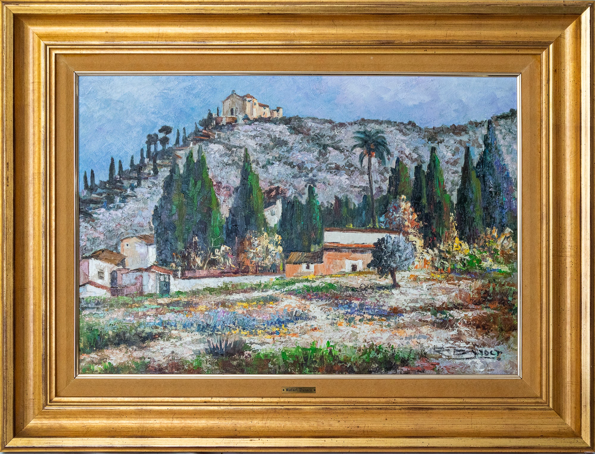 A painting of a landscape with a church on a hill.