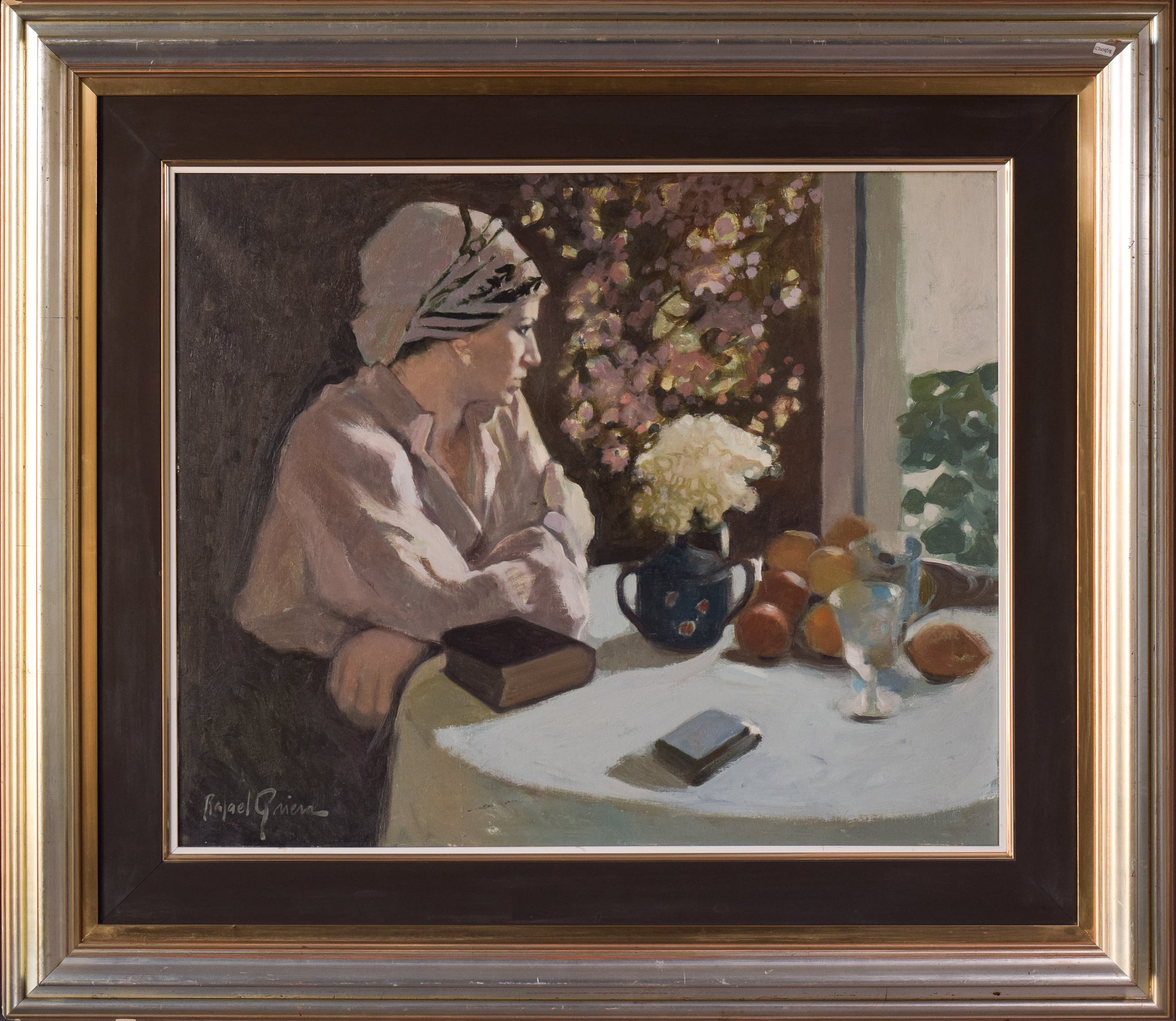 A painting of a woman sitting at a table with a book and a vase of flowers.