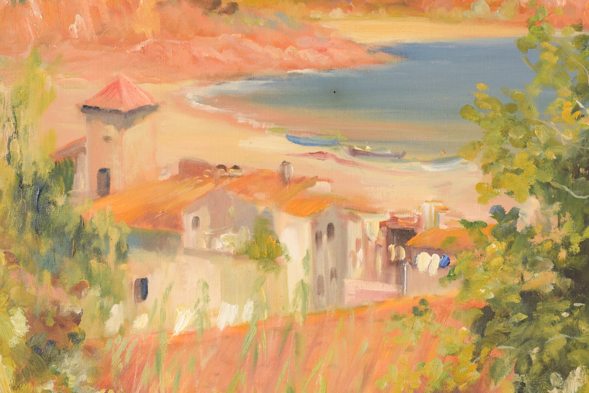 A painting of a view of a small town by the ocean.