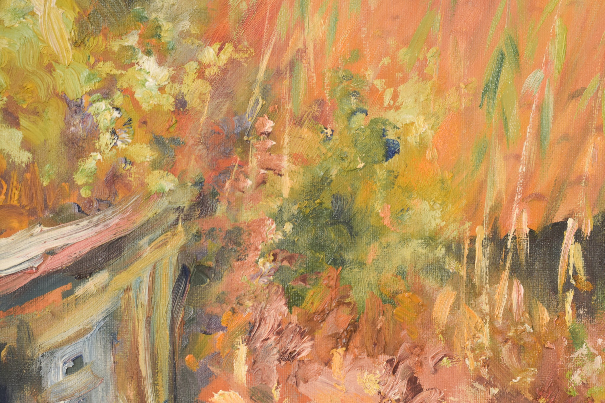 A painting of a view of a small town by the ocean.