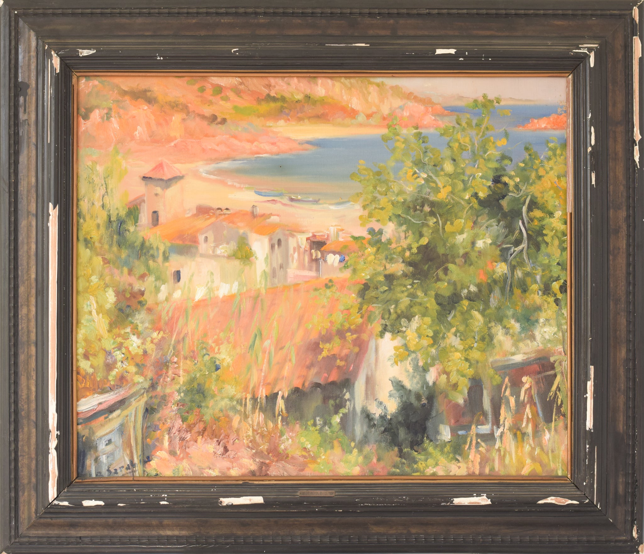 A painting of a view of a small town by the ocean.