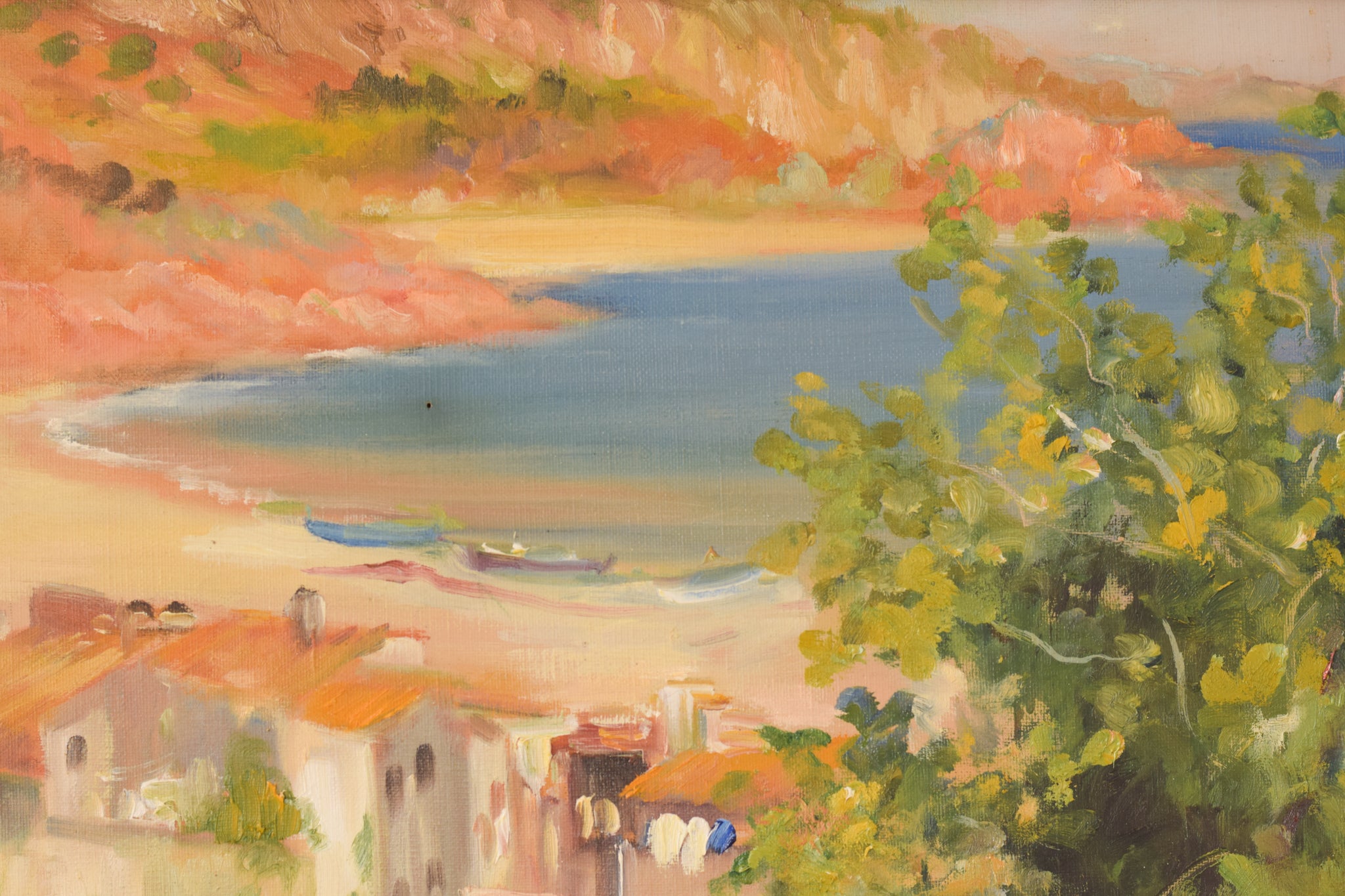 A painting of a view of a small town by the ocean.