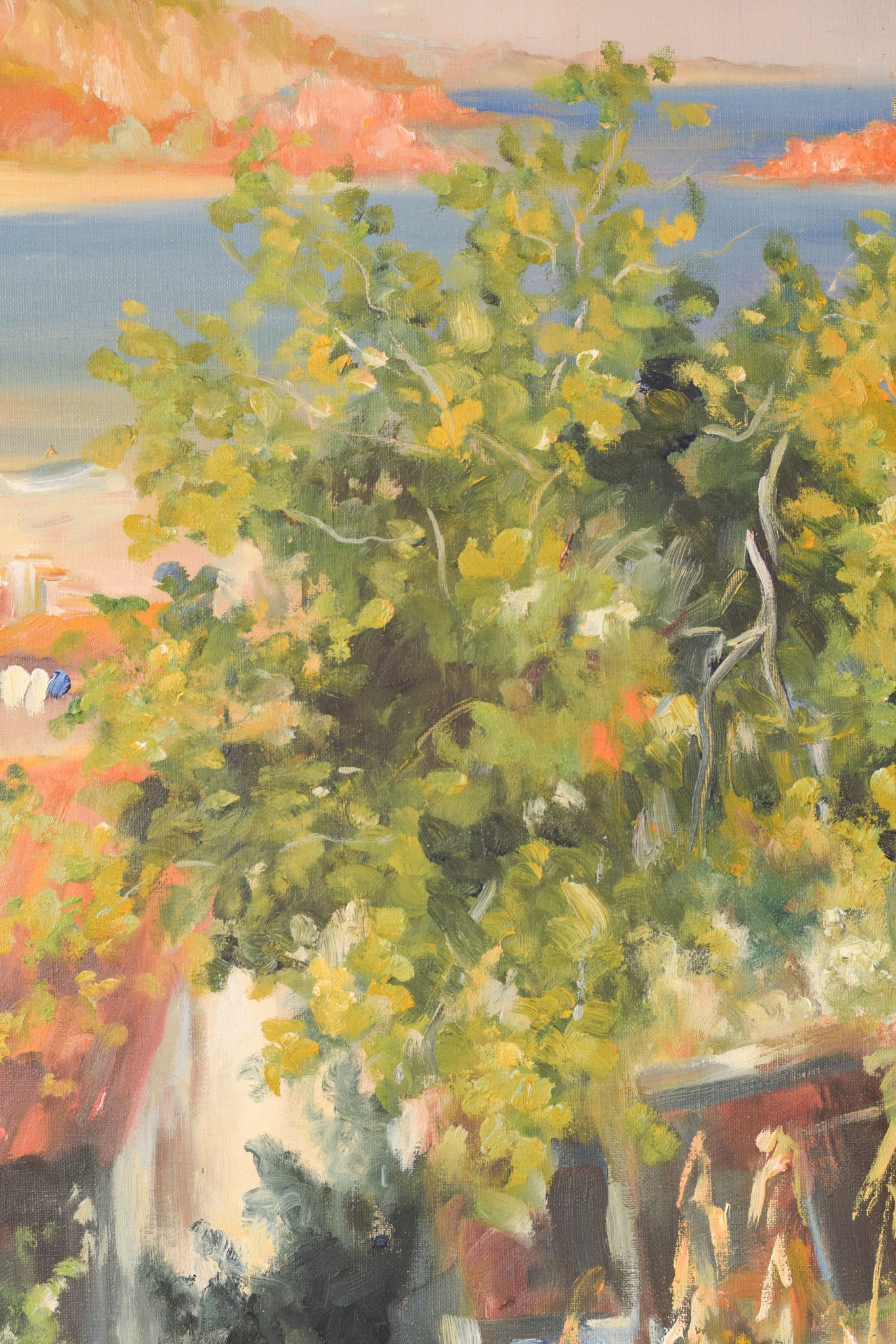 A painting of a view of a small town by the ocean.