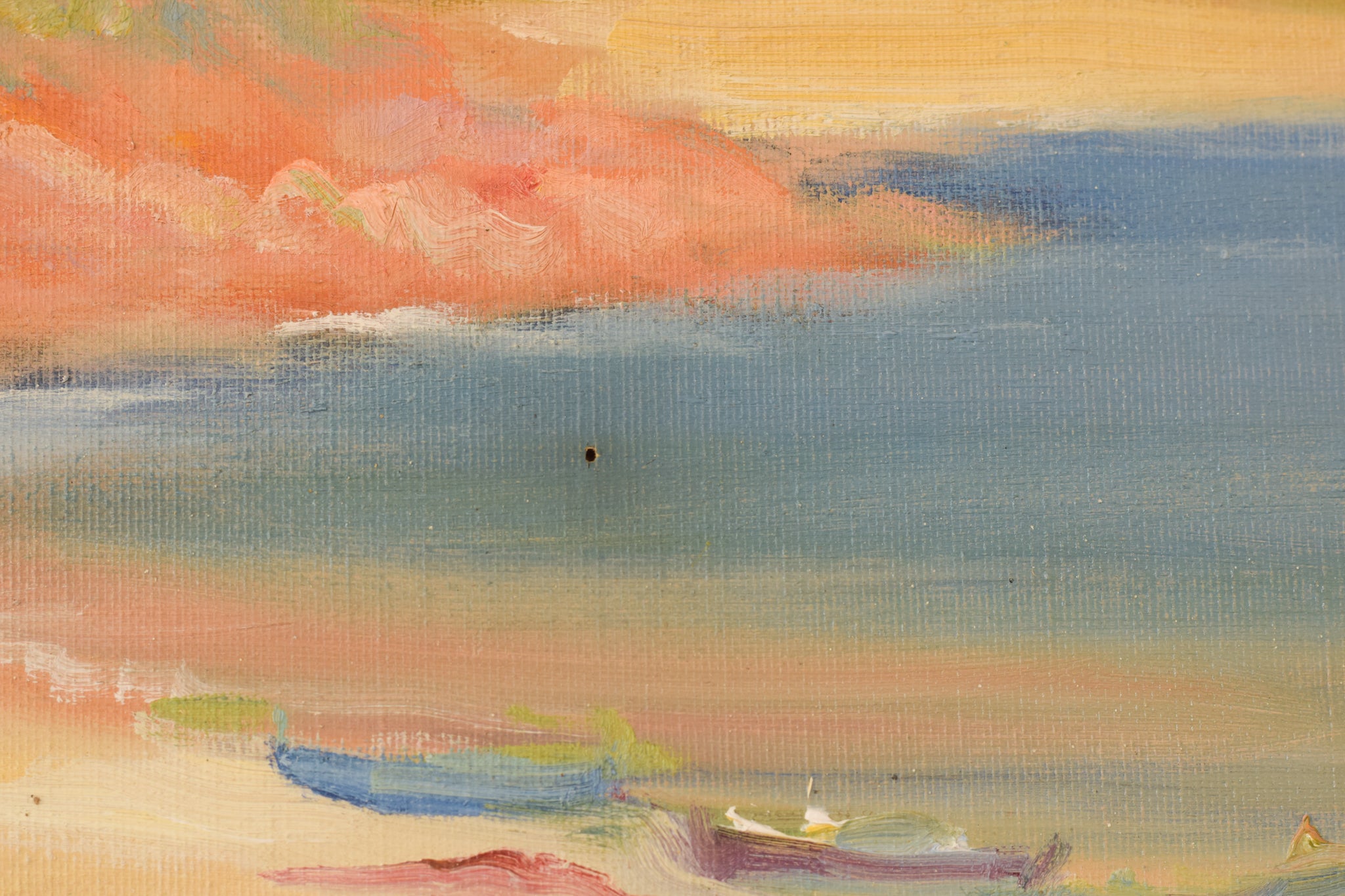 A painting of a view of a small town by the ocean.
