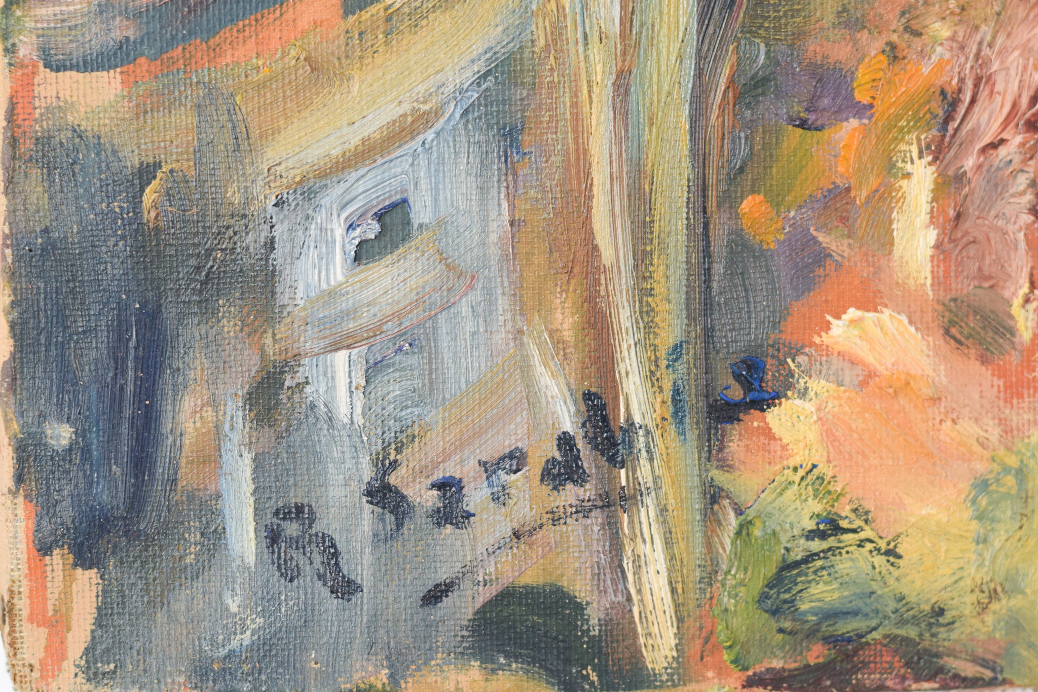 A painting of a view of a small town by the ocean.