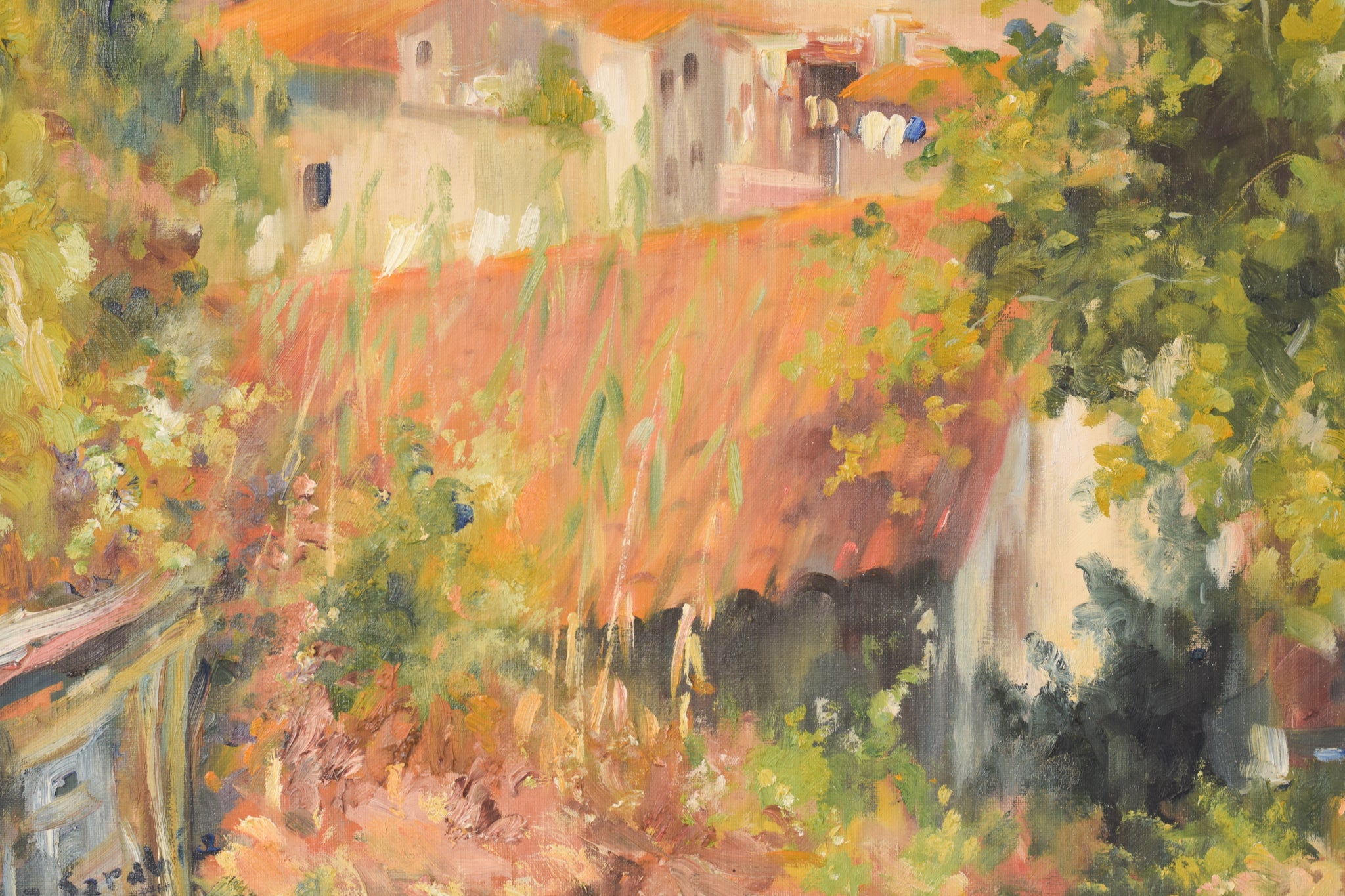 A painting of a view of a small town by the ocean.