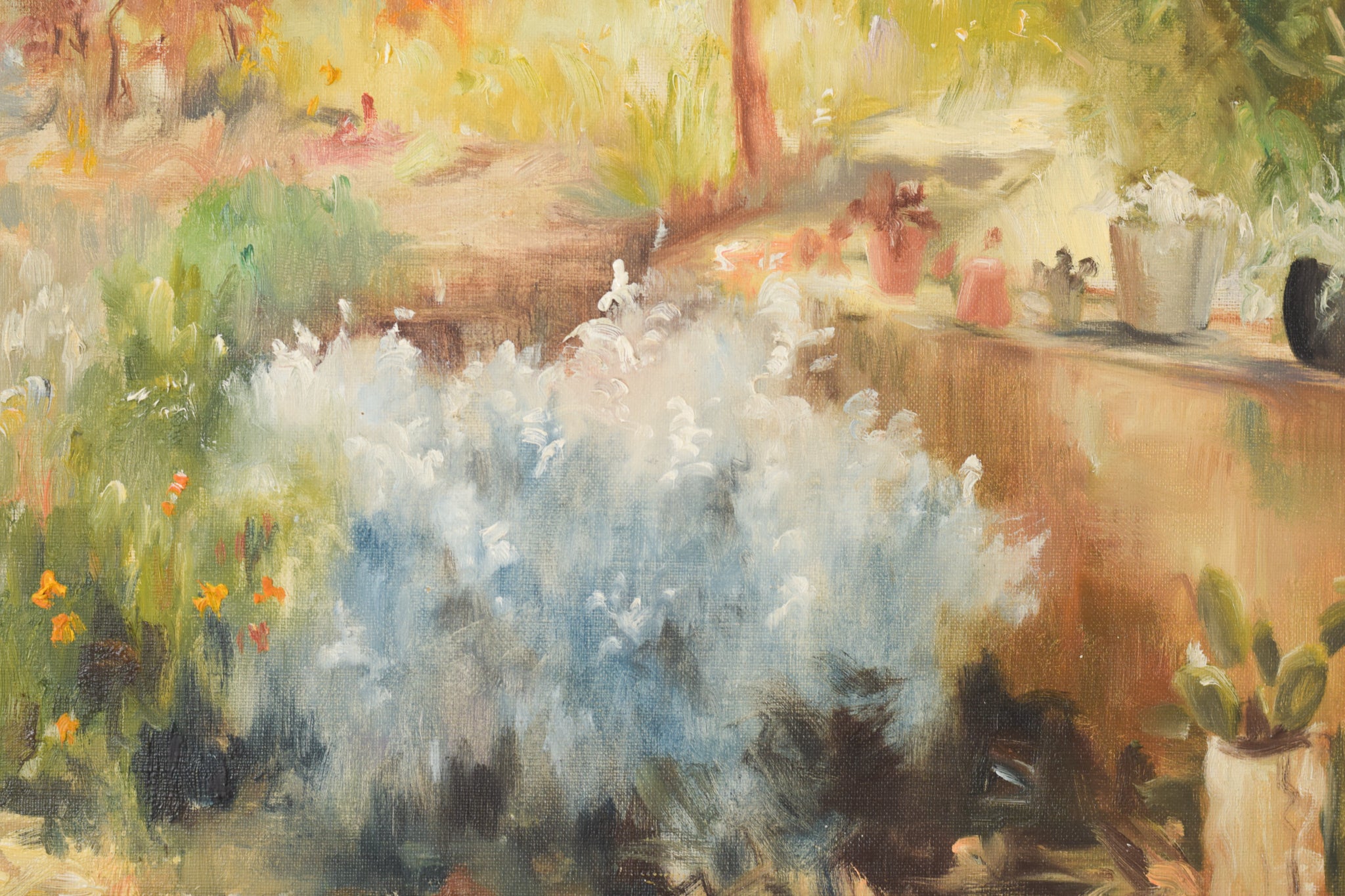 A painting of a pond with potted plants and trees.