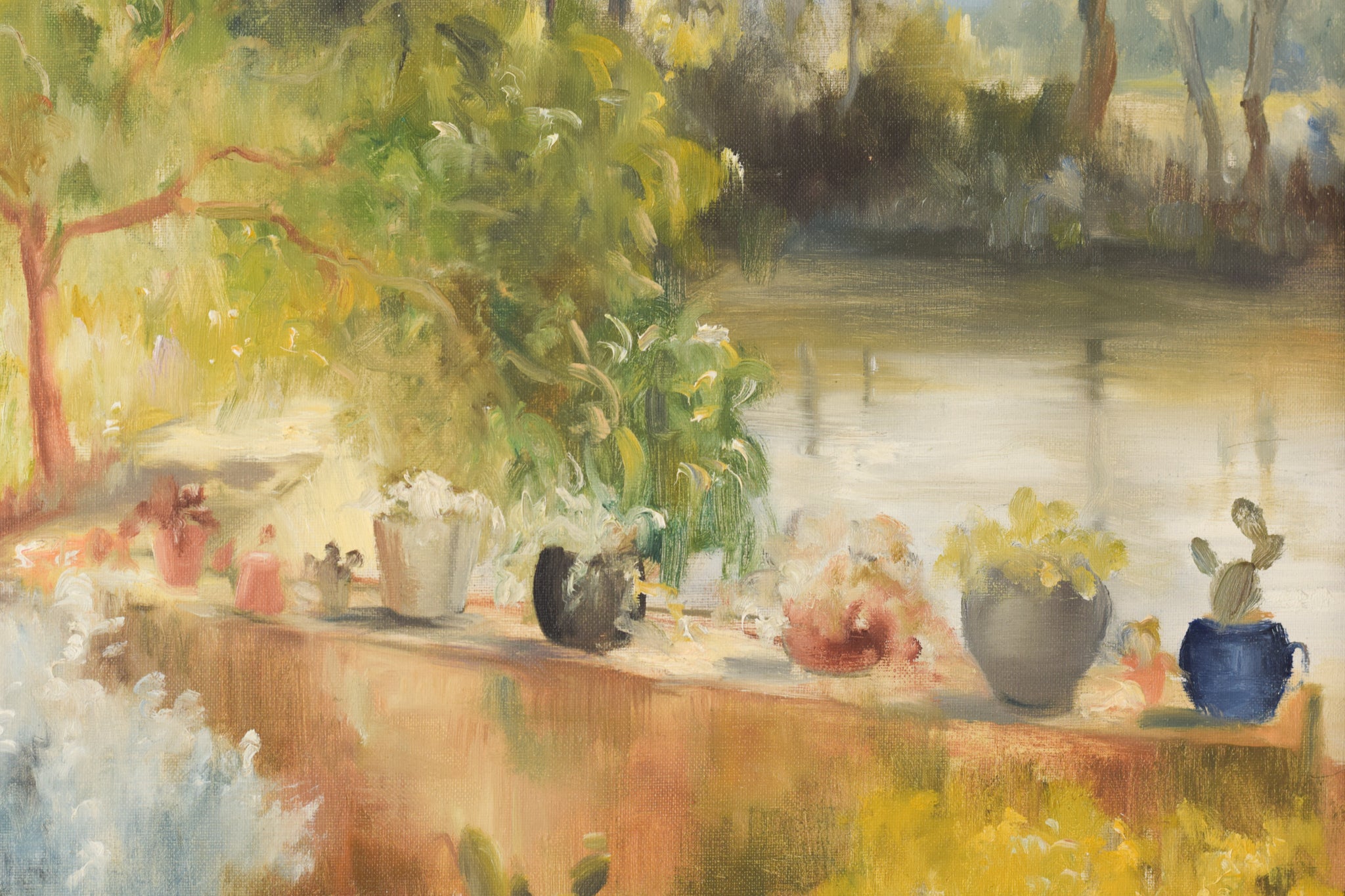 A painting of a pond with potted plants and trees.