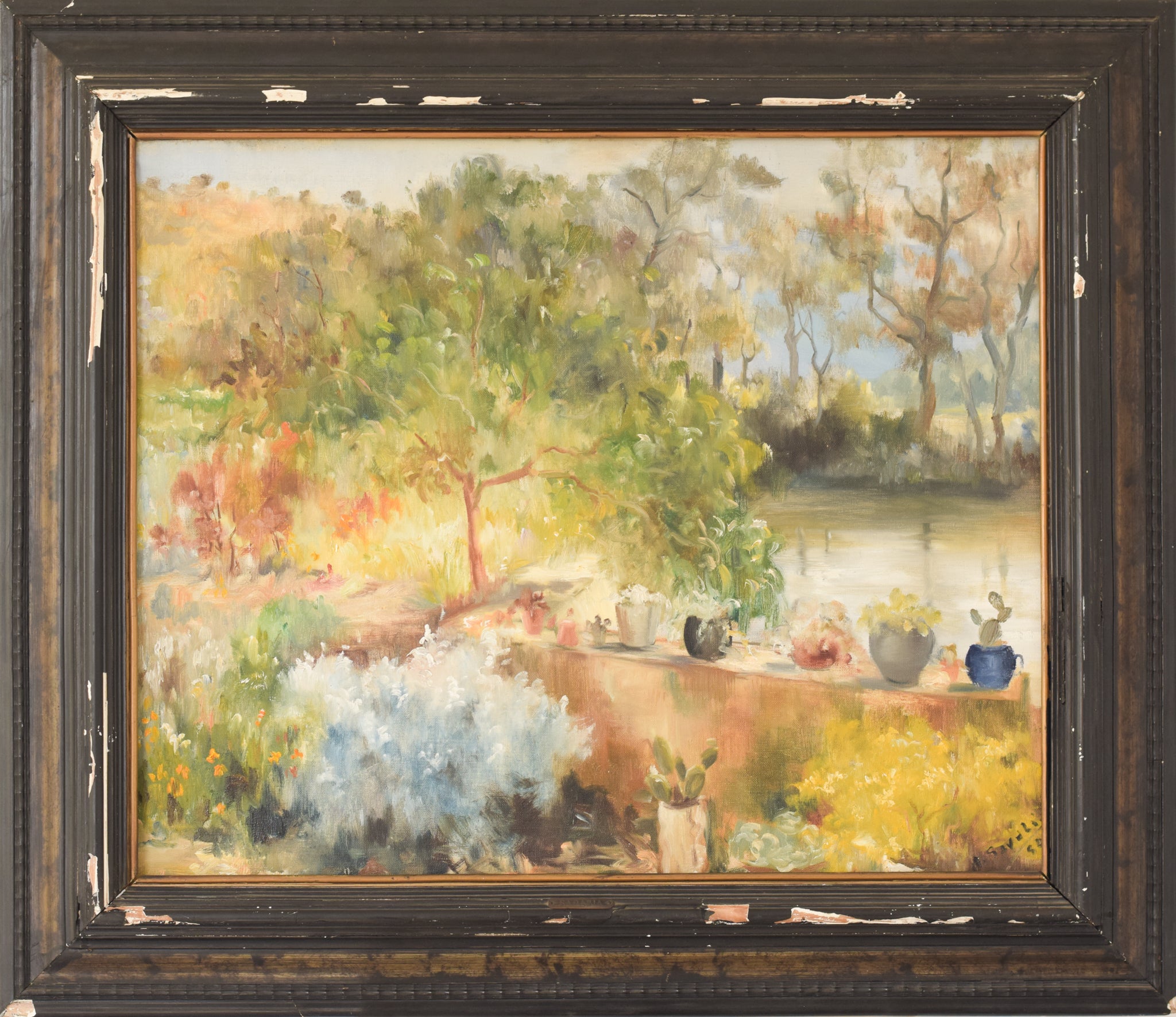 A painting of a pond with potted plants and trees.