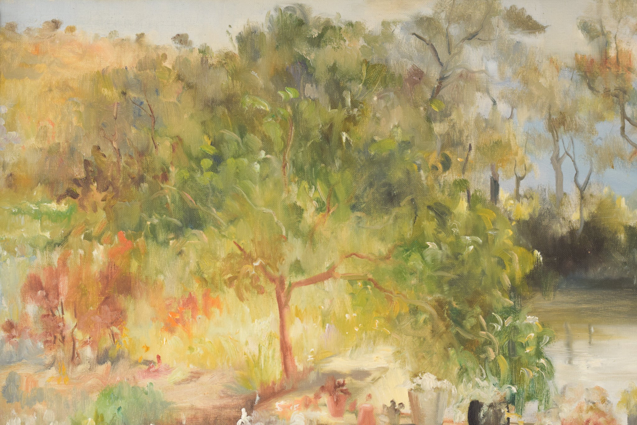 A painting of a pond with potted plants and trees.