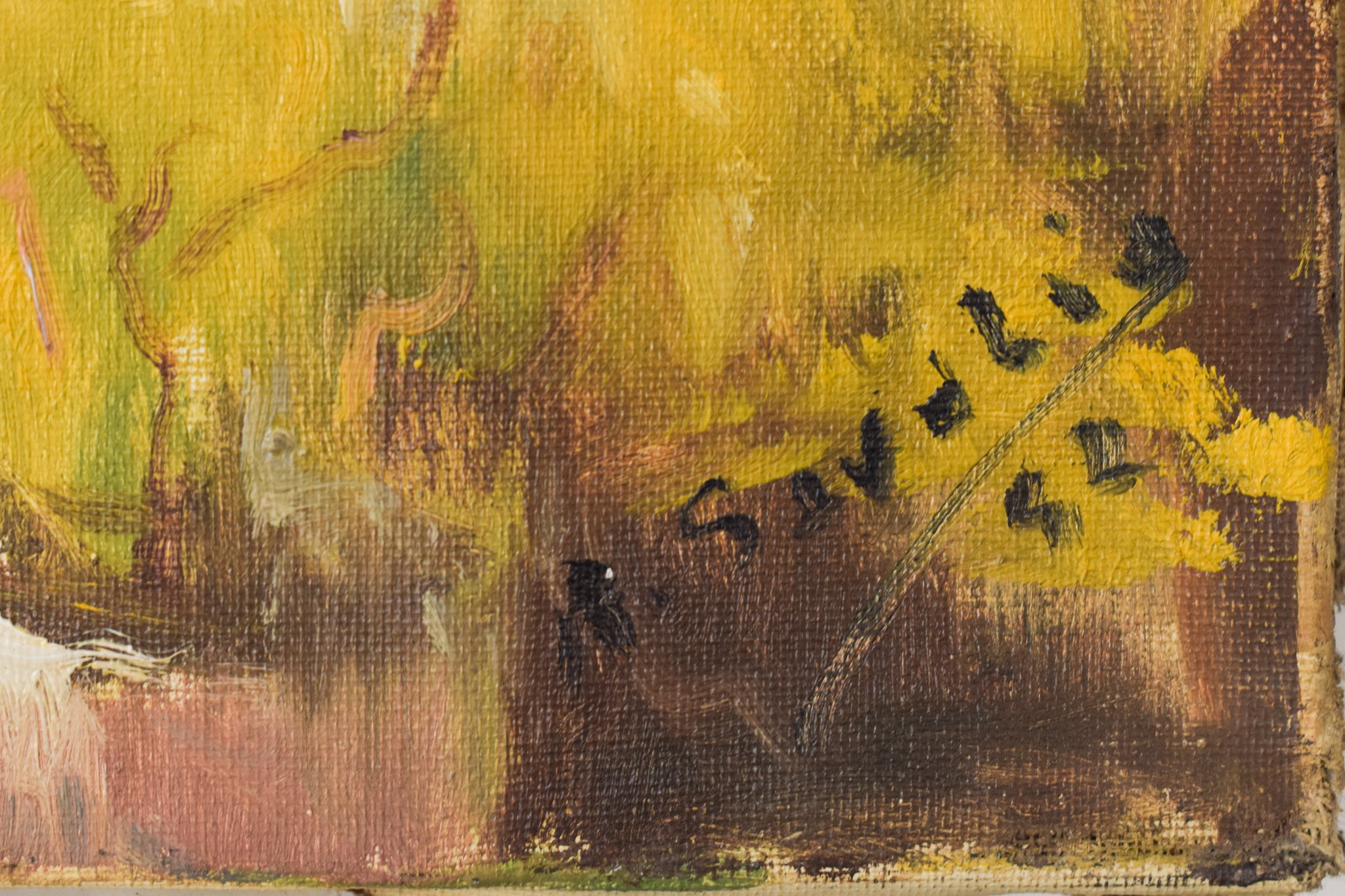 A painting of a pond with potted plants and trees.