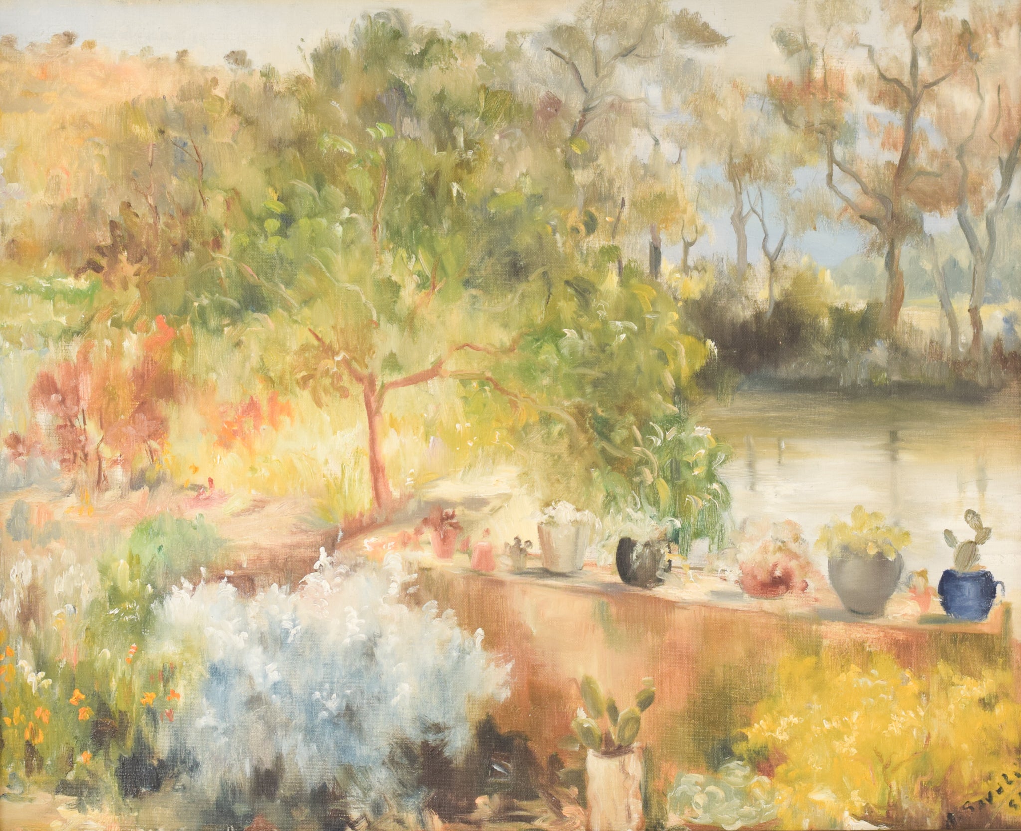 A painting of a pond with potted plants and trees.