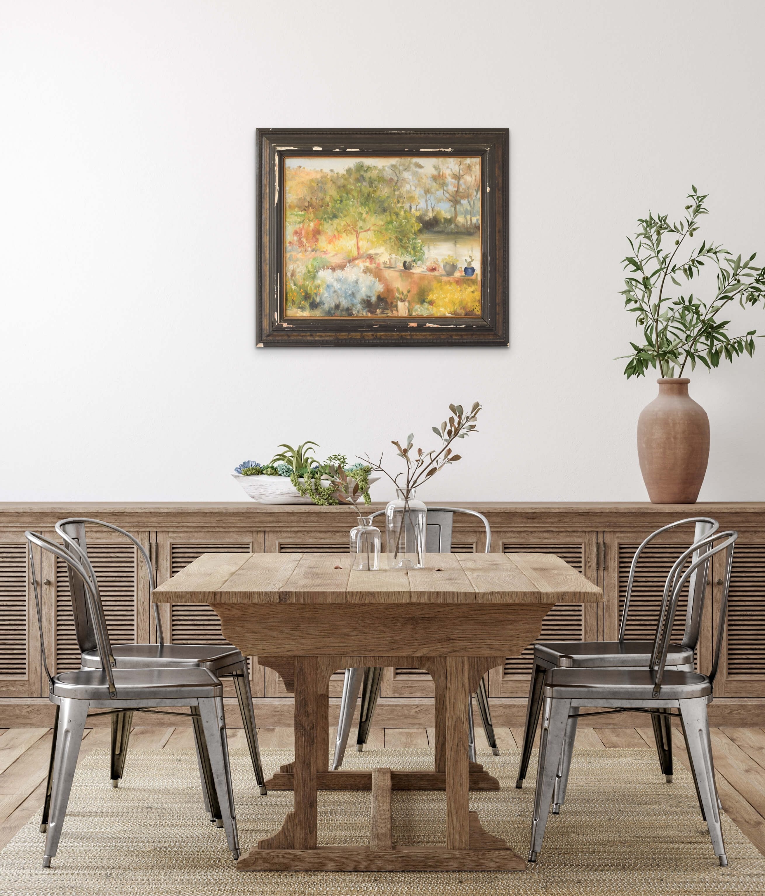 A painting of a pond with potted plants and trees.