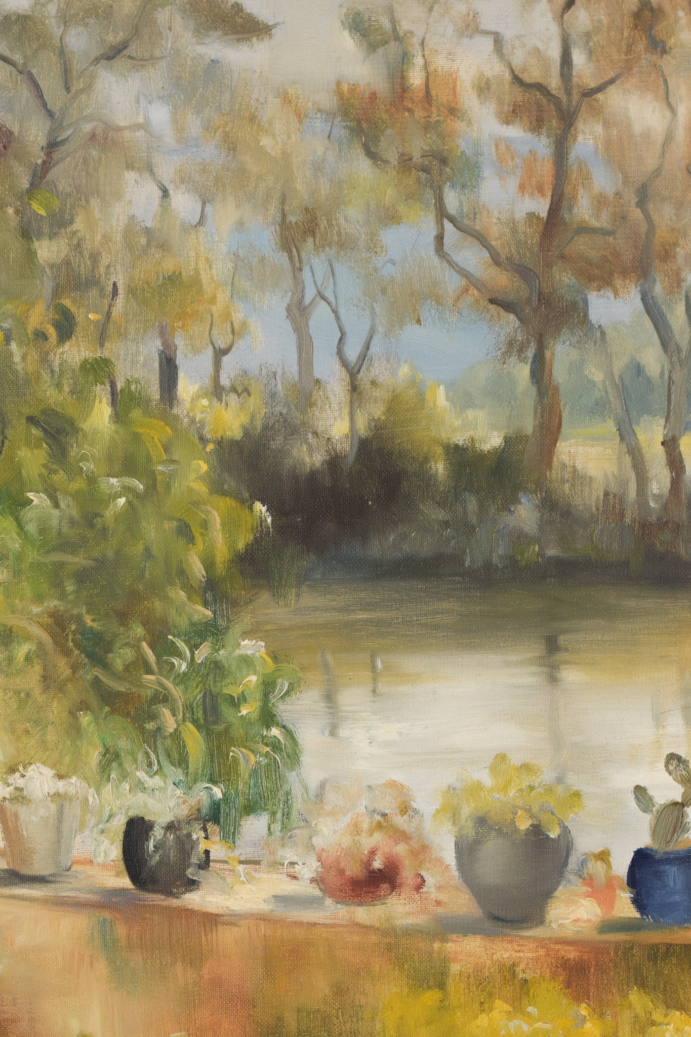 A painting of a pond with potted plants and trees.