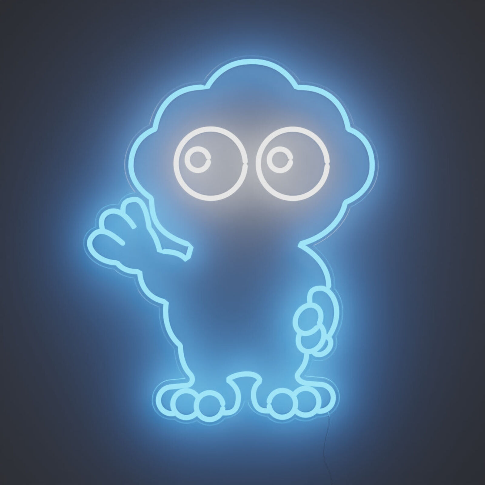 A blue neon sign with a cartoon character on it.