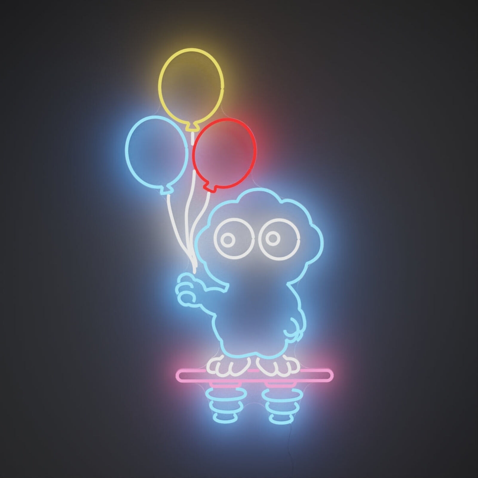 A neon sign with a cartoon character holding balloons.
