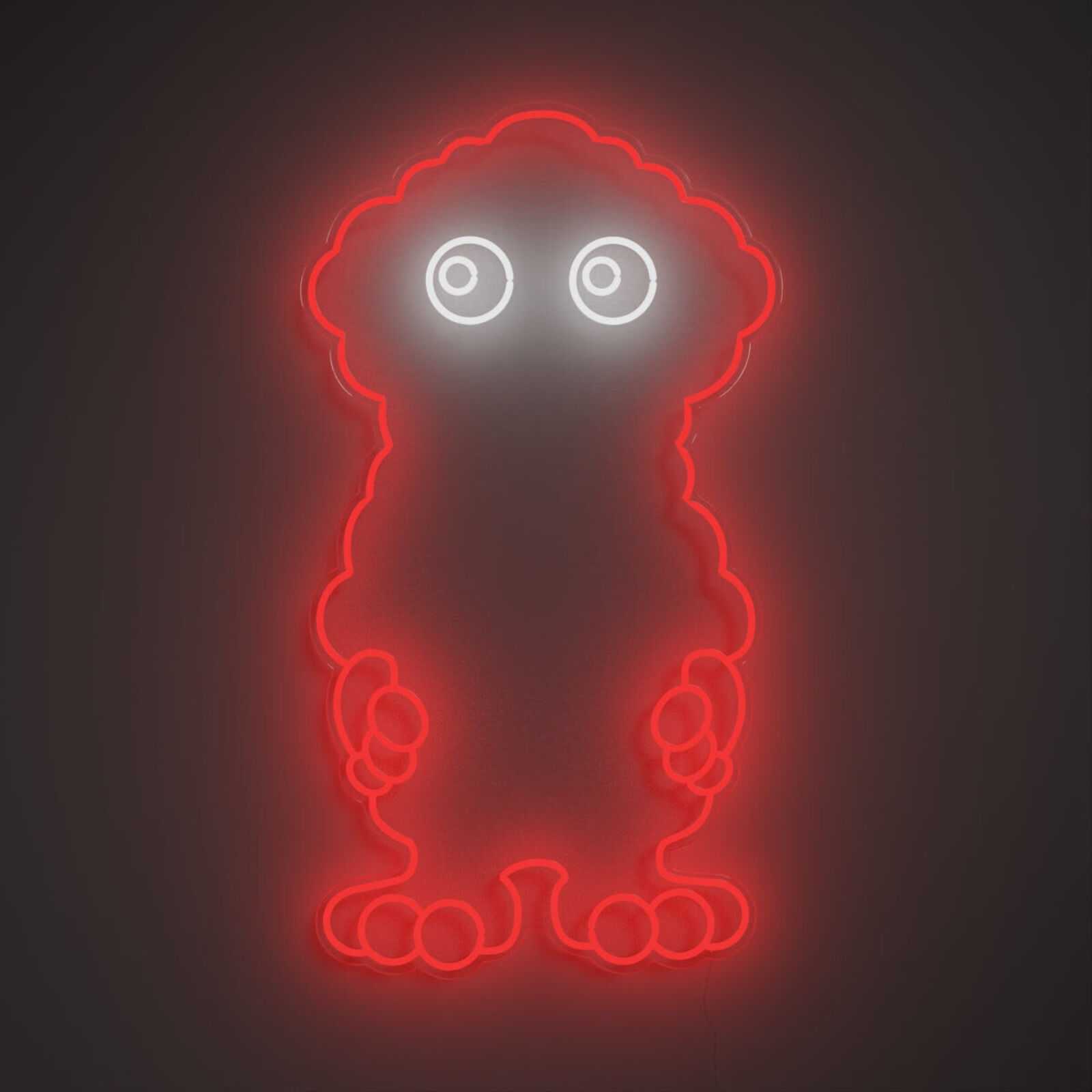 A red neon sign with a cartoon character on it.