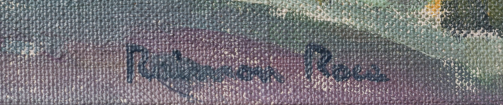 A painting of a landscape with trees and mountains in the background.