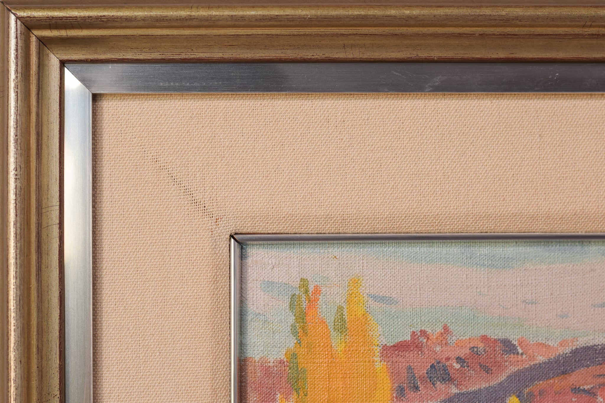 A painting of a landscape with trees and mountains in the background.