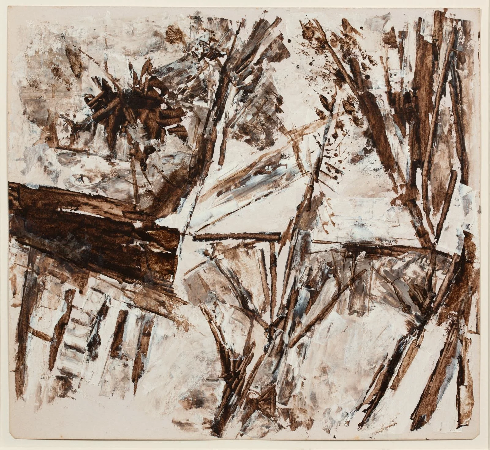 An abstract composition of intersecting brown and white strokes on a light background.