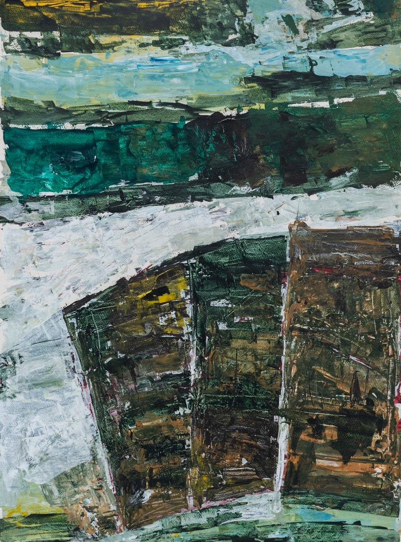 A painting of a cityscape with buildings in the background.