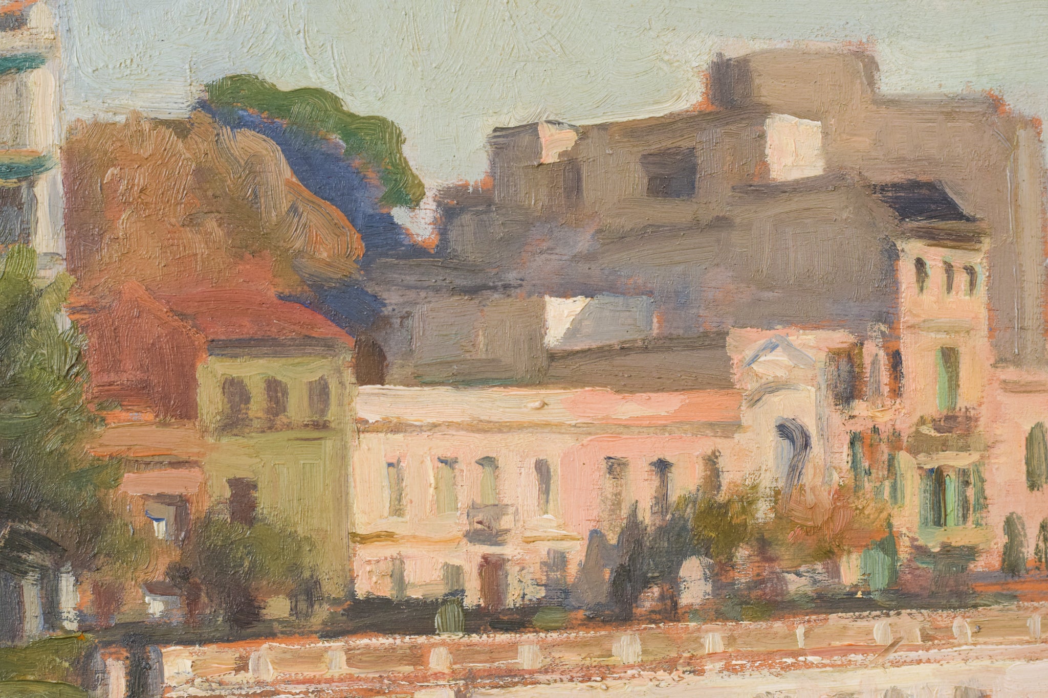 A painting of boats docked on the side of a road.