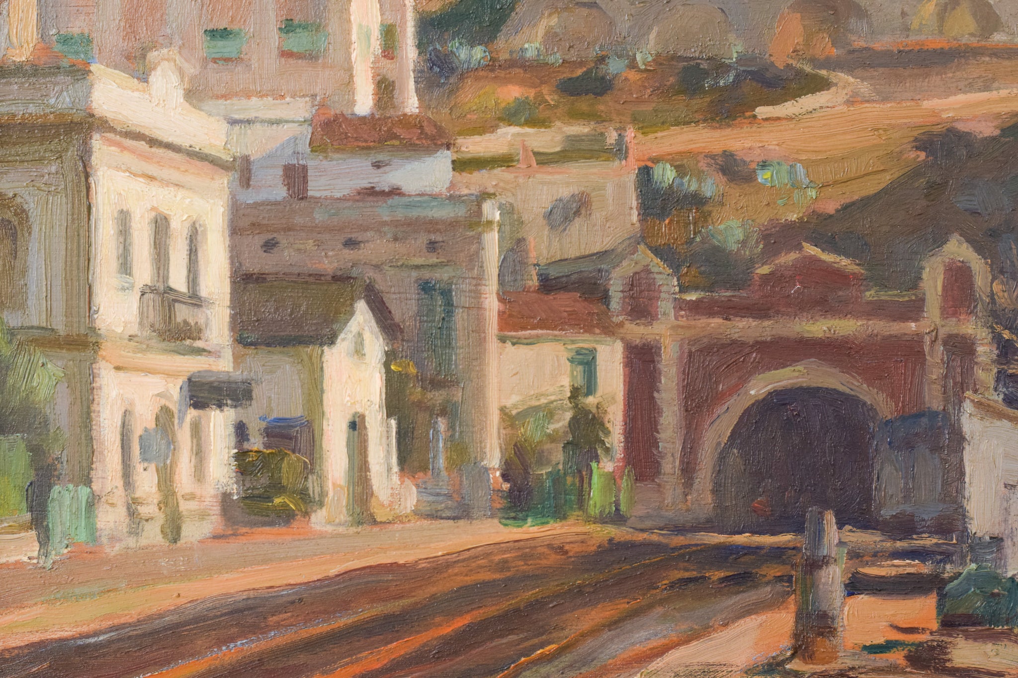 A painting of boats docked on the side of a road.