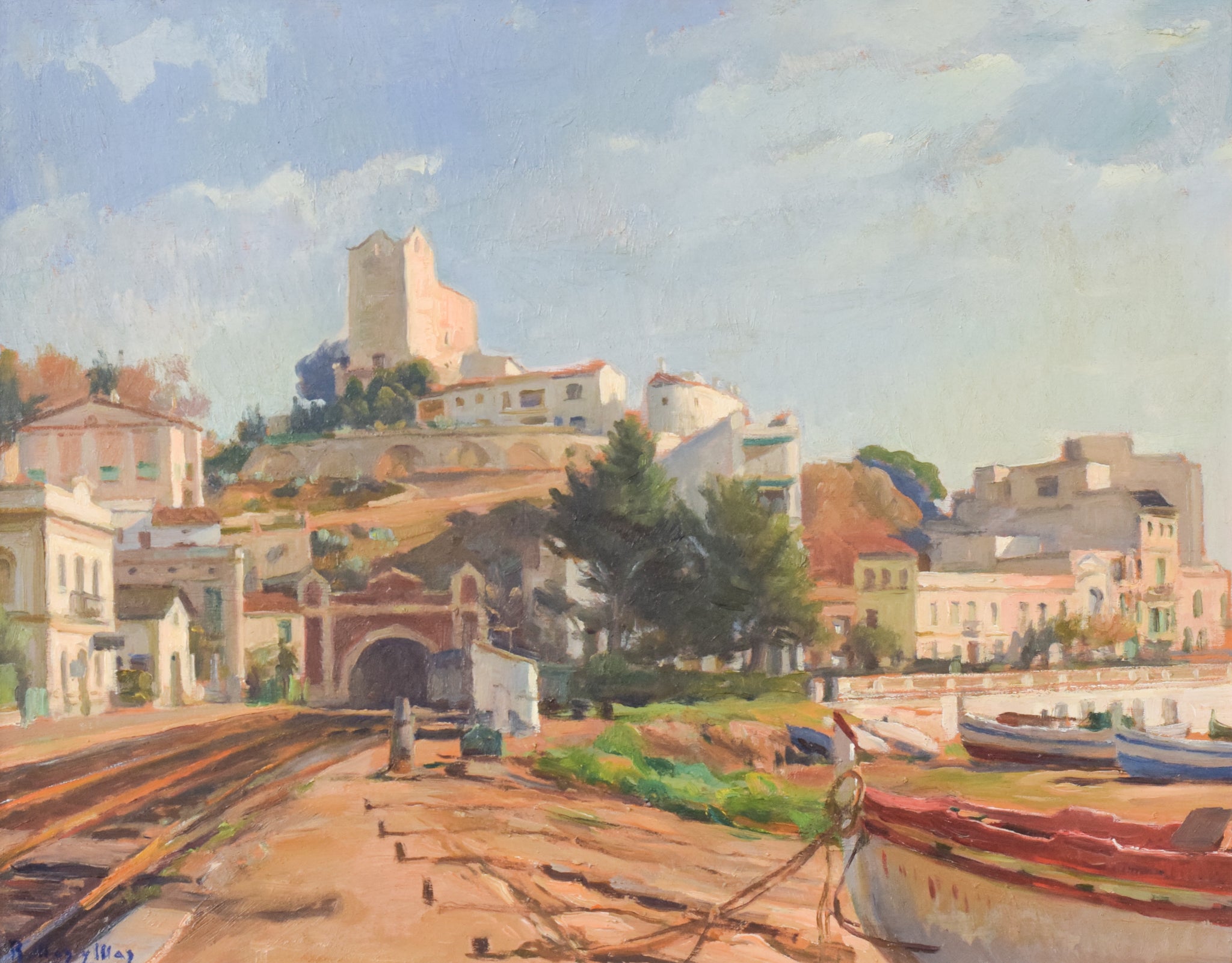 A painting of boats docked on the side of a road.