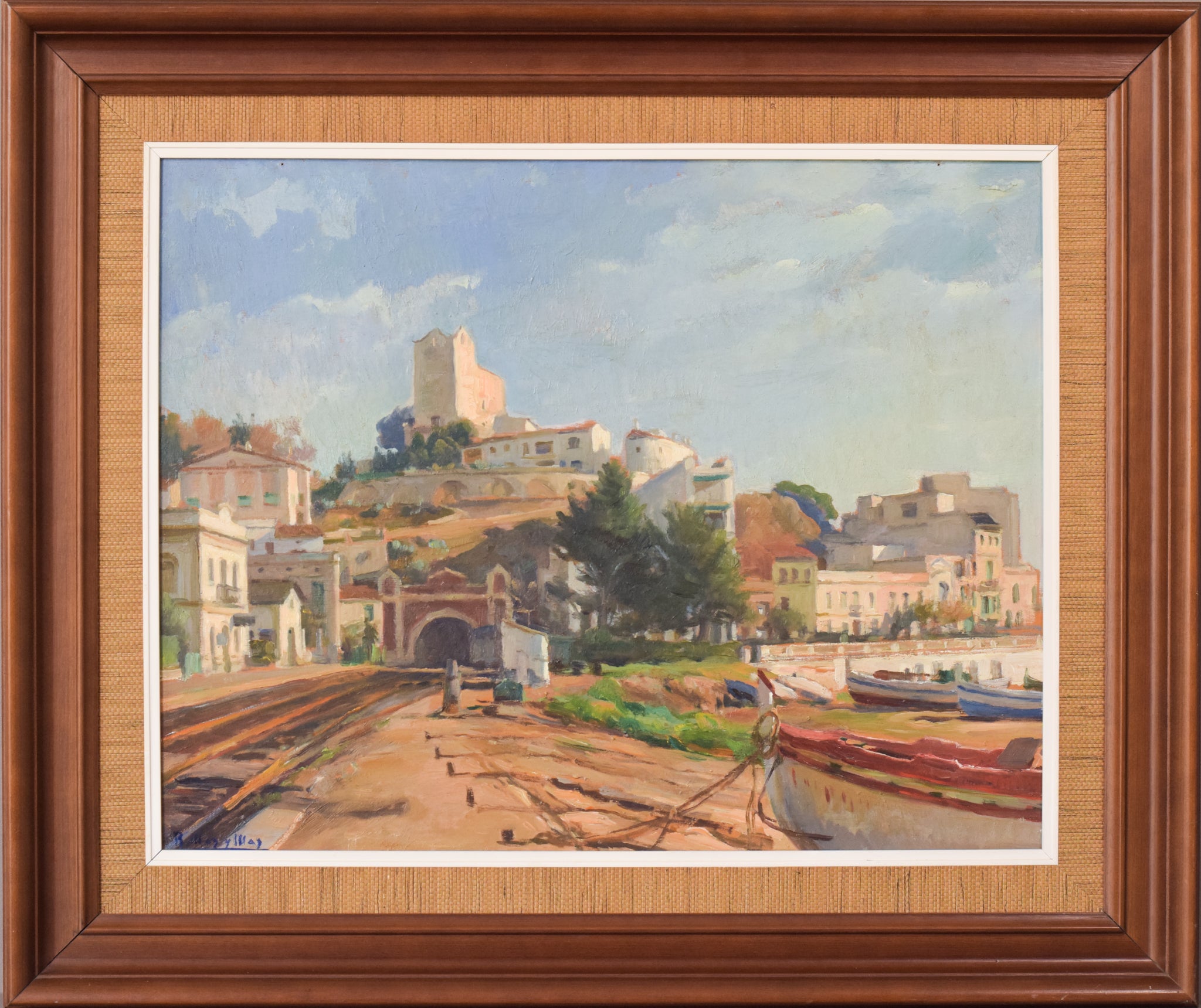 A painting of boats docked on the side of a road.