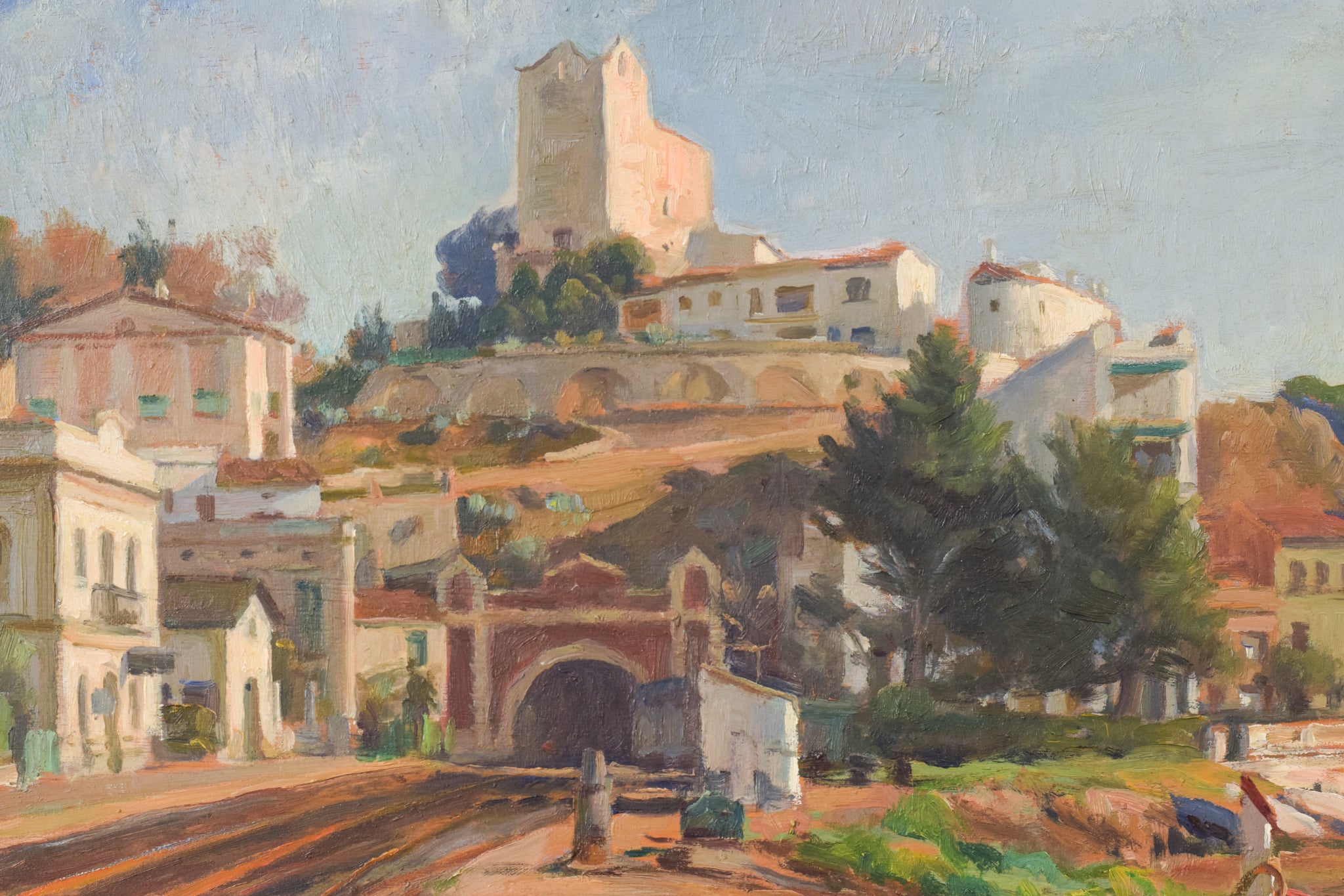 A painting of boats docked on the side of a road.