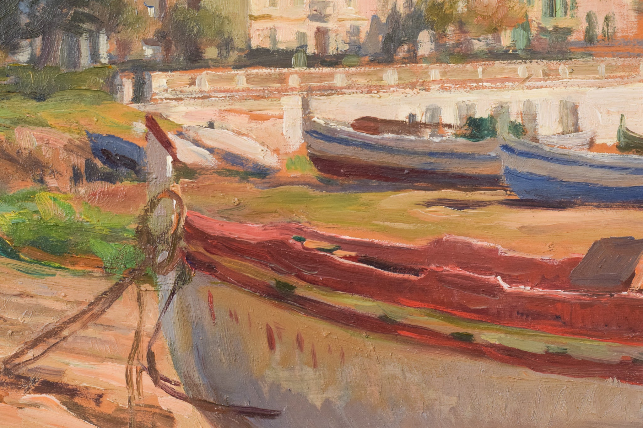 A painting of boats docked on the side of a road.