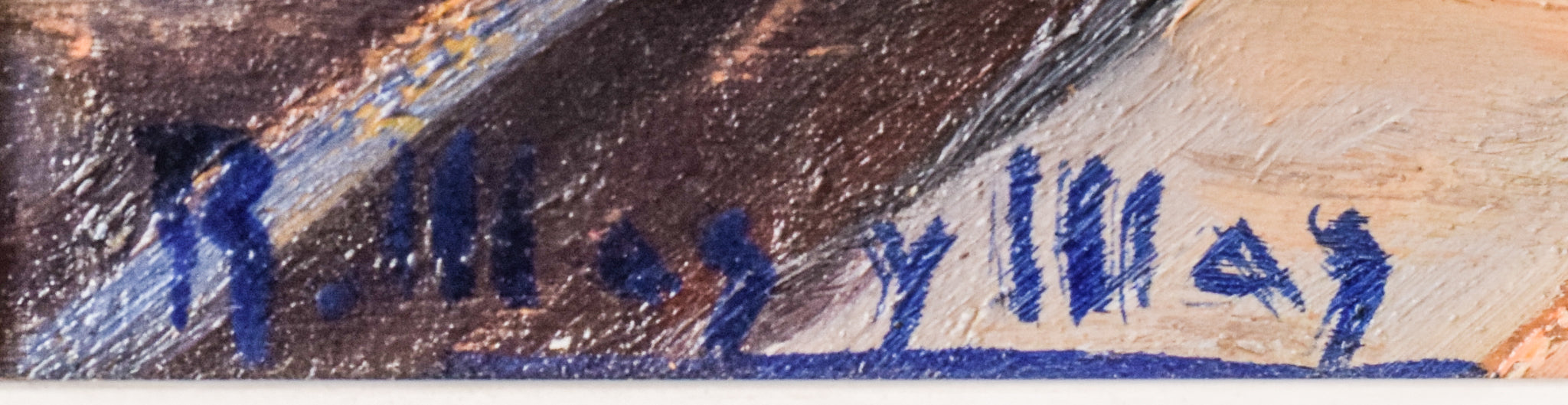 A painting of boats docked on the side of a road.