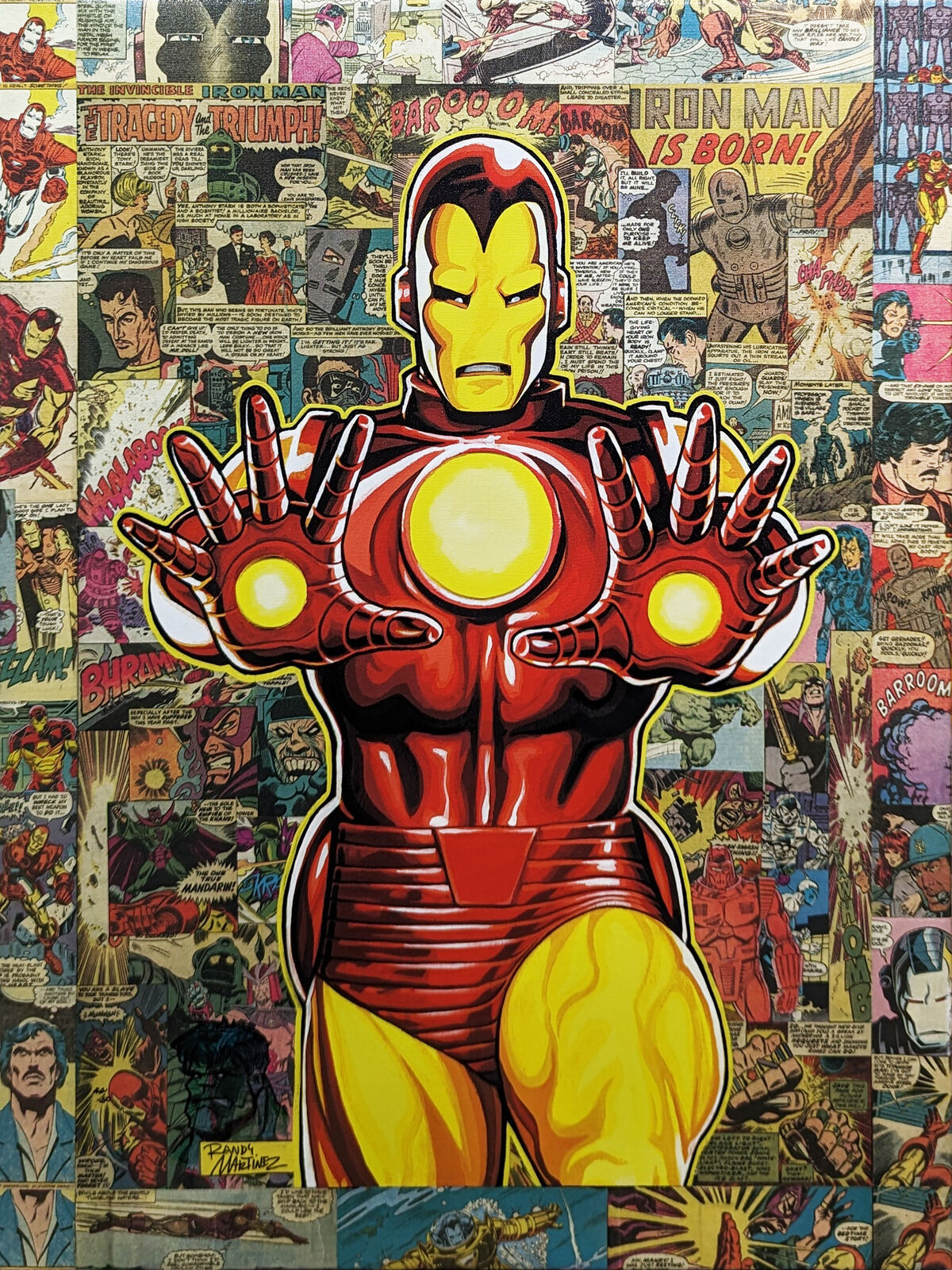 A painting of a man in a suit of iron man surrounded by comics.