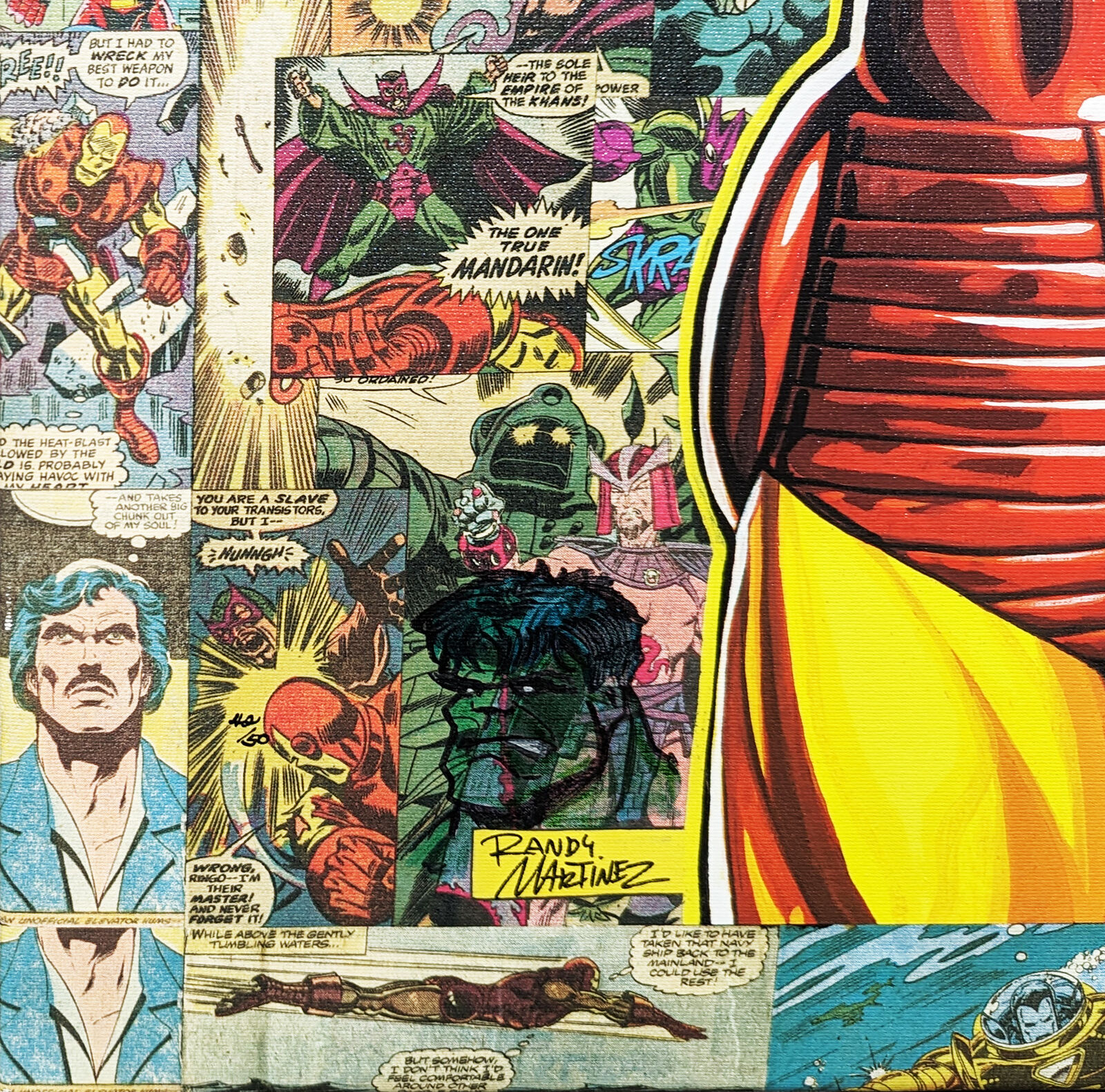 A painting of a man in a suit of iron man surrounded by comics.