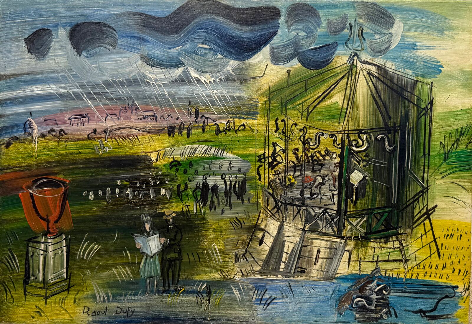 A painting of a group of people standing in a field.