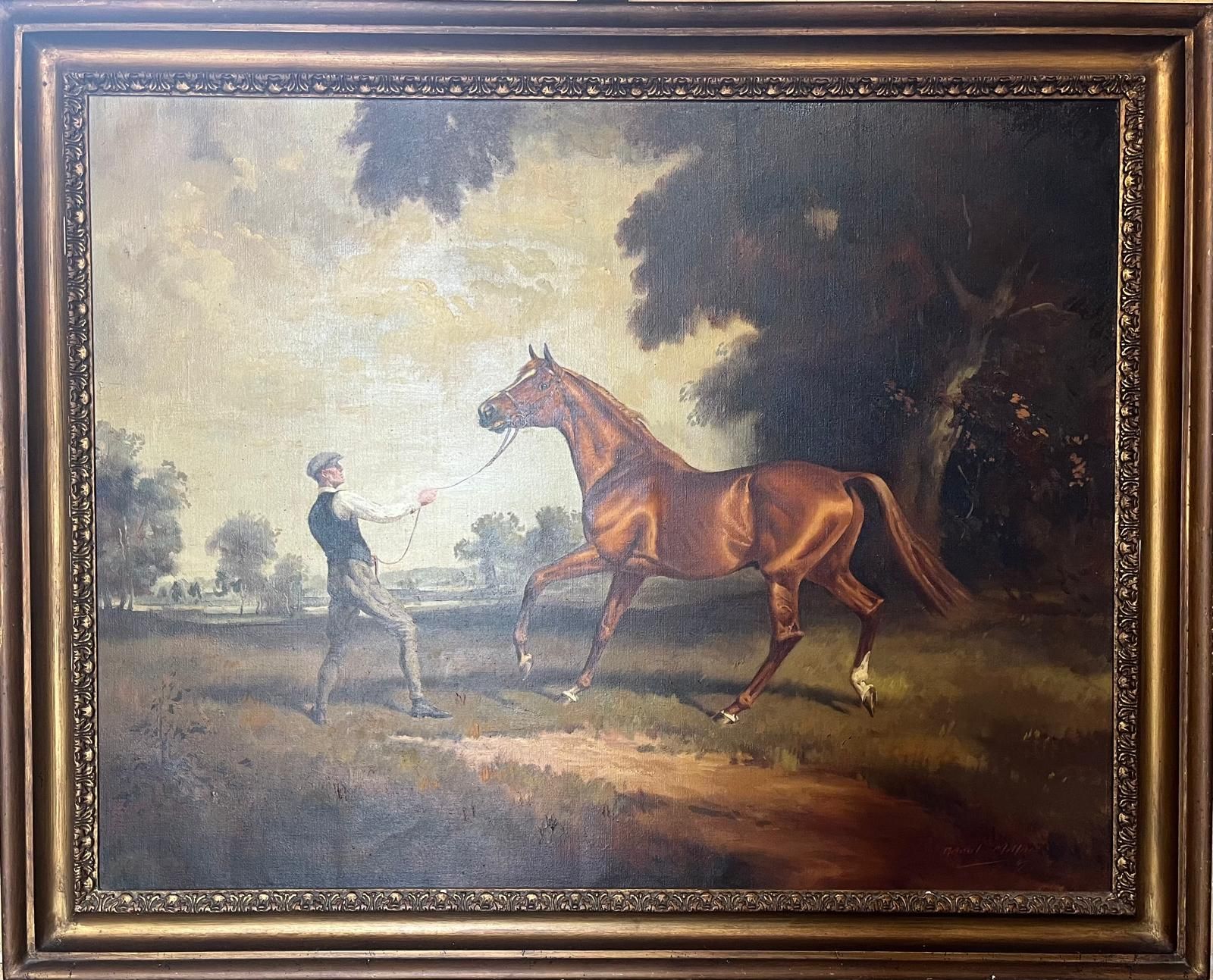 A painting of a man leading a horse in a field.
