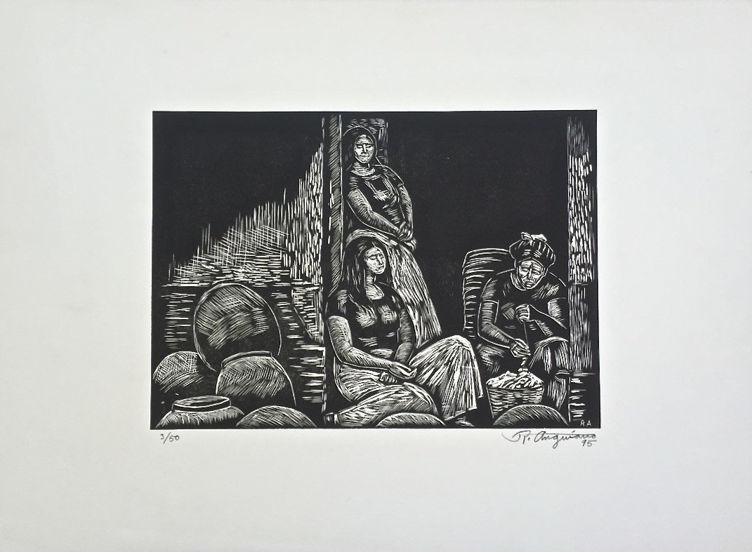 A black and white drawing of a group of people sitting in a room.