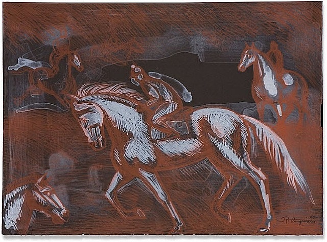 A painting of a man riding a horse in a field.