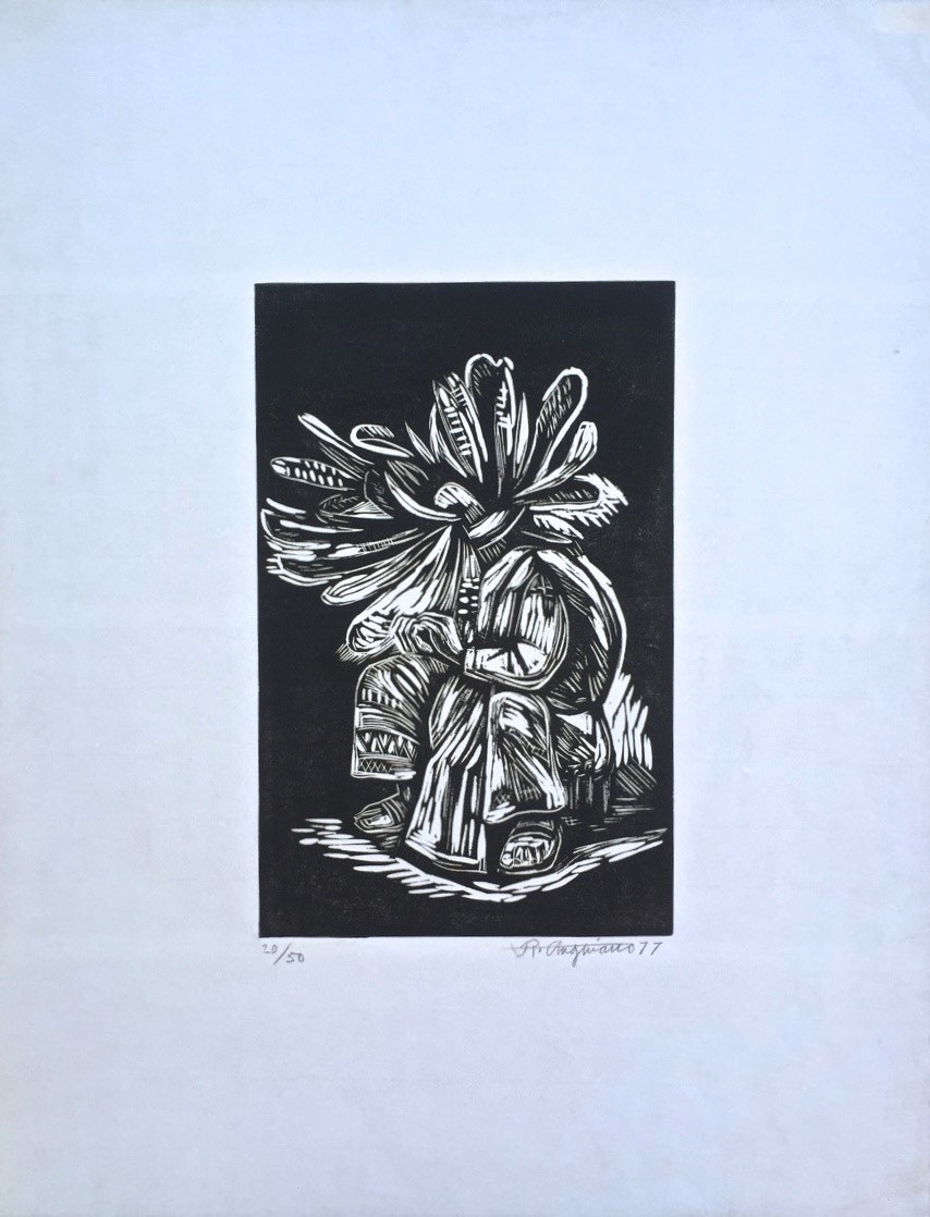 A black and white drawing of a woman sitting on a chair.