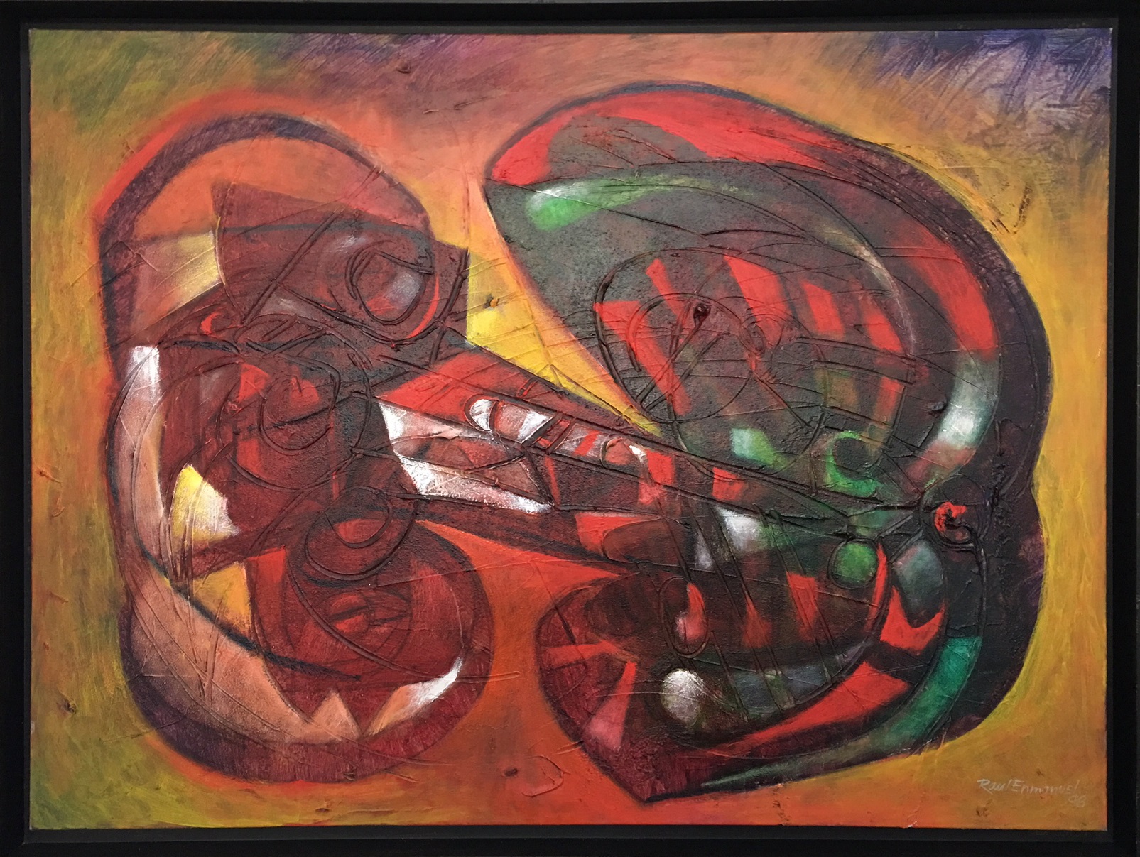 A painting of a red and green abstract painting on a wall.