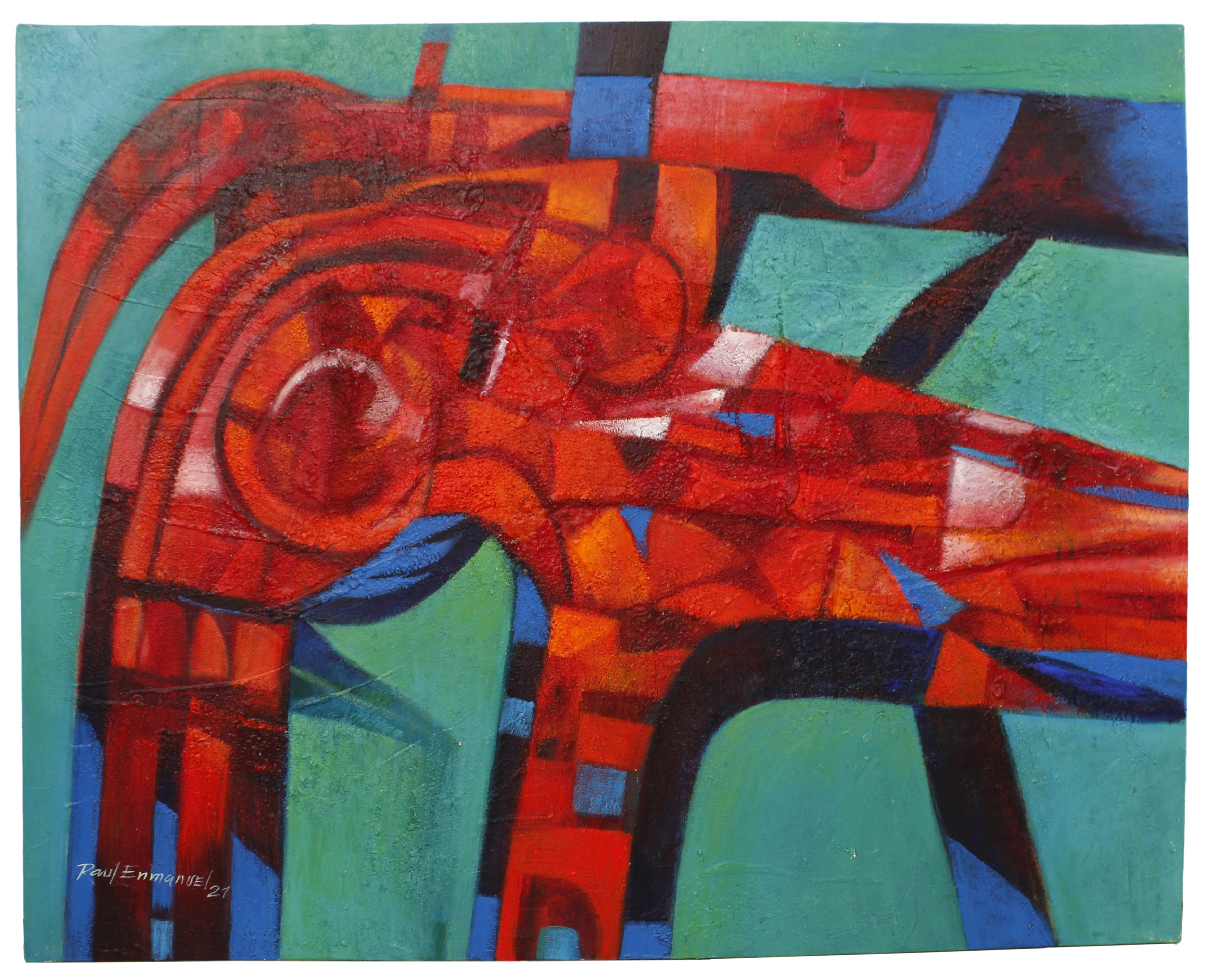 A painting of a red and blue abstract painting on a green background.