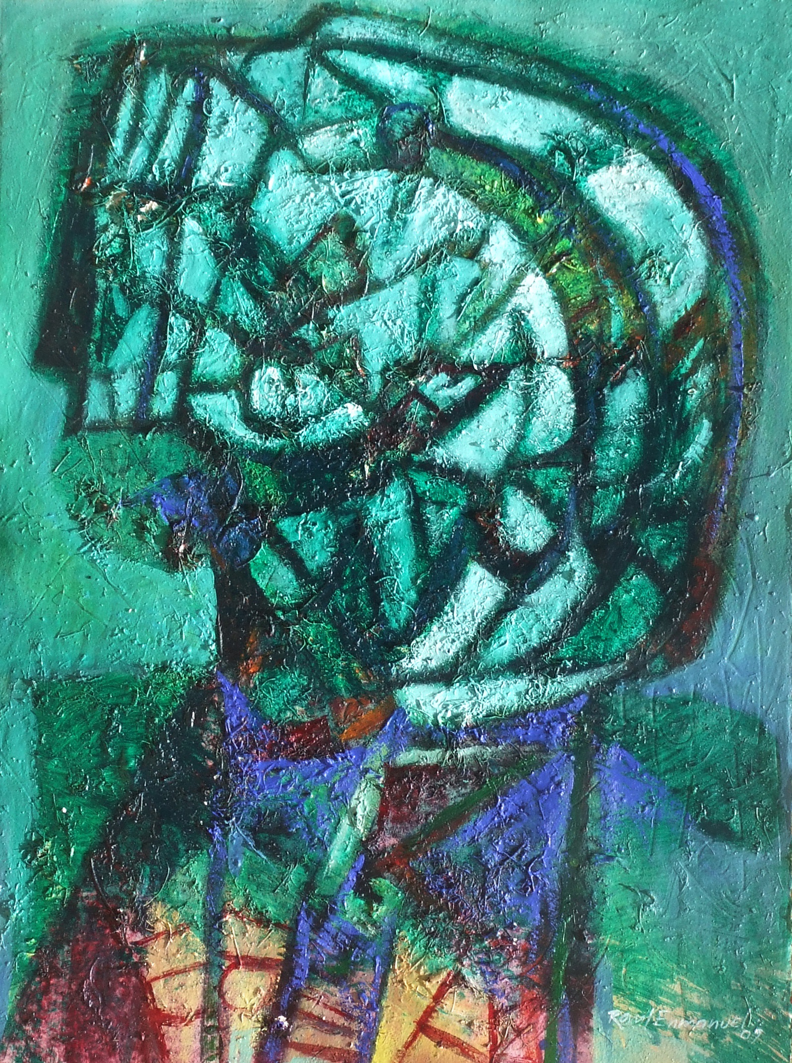 A painting of a man with a helmet on his head.