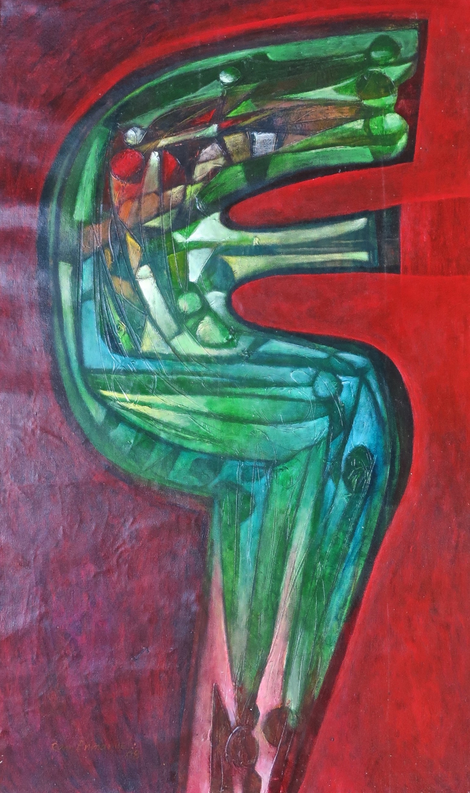 A painting of a green and red abstract painting.