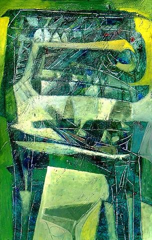 a painting of a green and yellow abstract painting