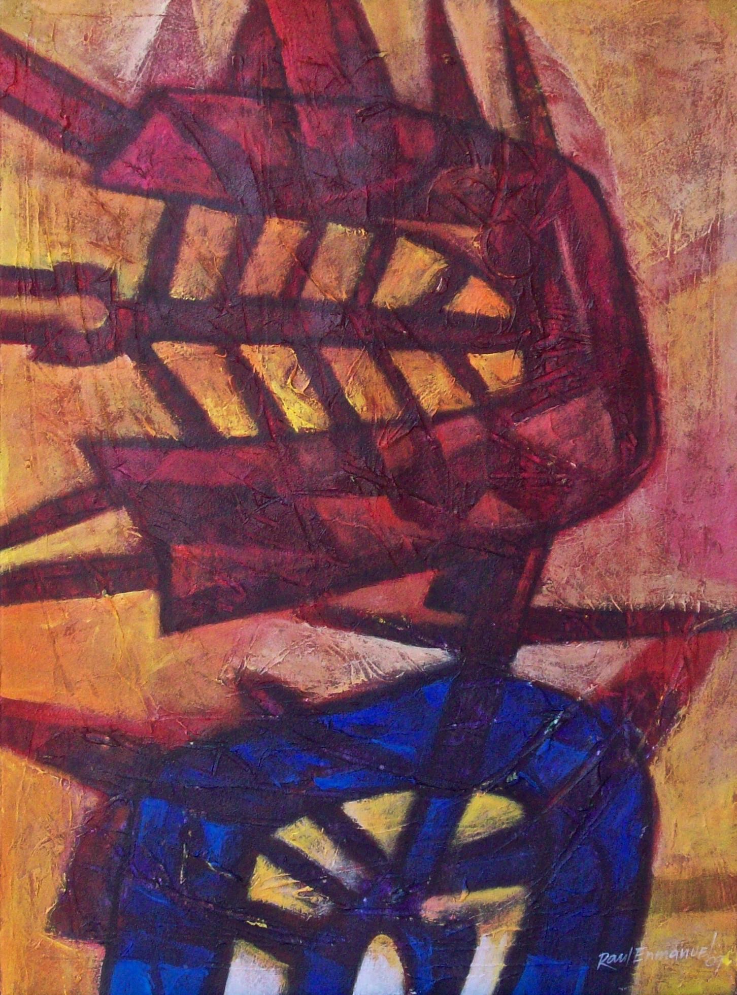 A painting of a red and blue abstract painting on a yellow background.