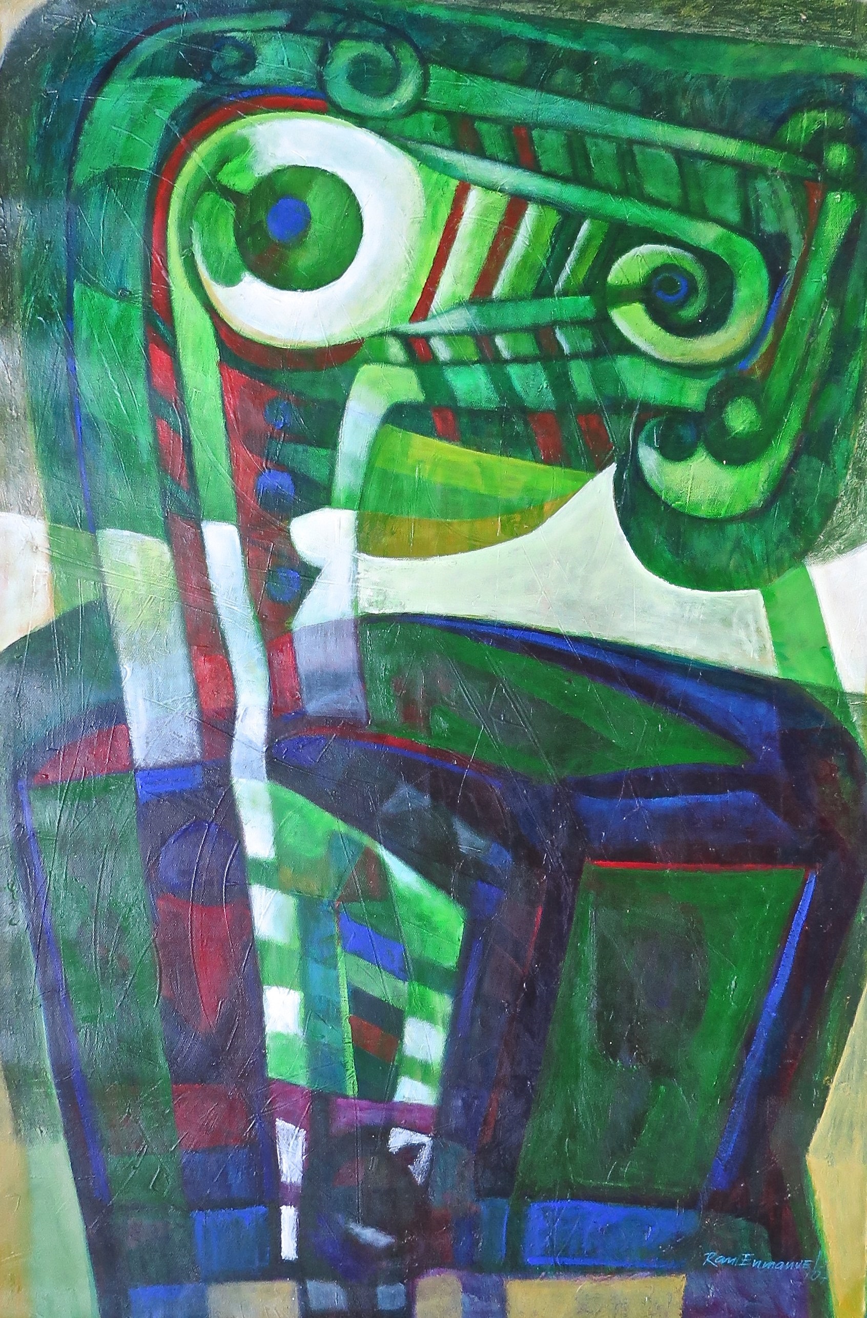 A painting of a green and blue abstract painting.
