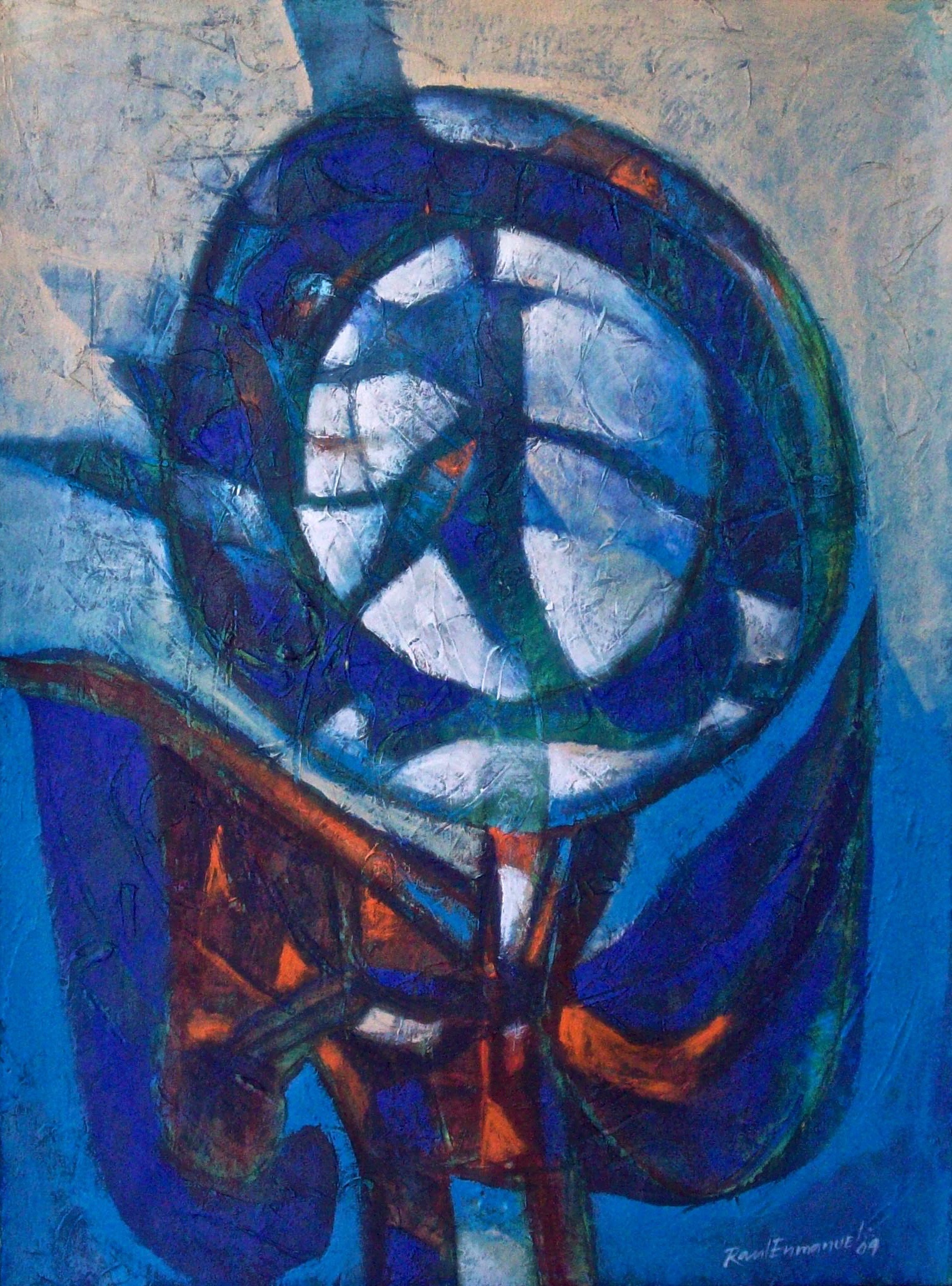 A painting of a basketball hoop on a blue background.