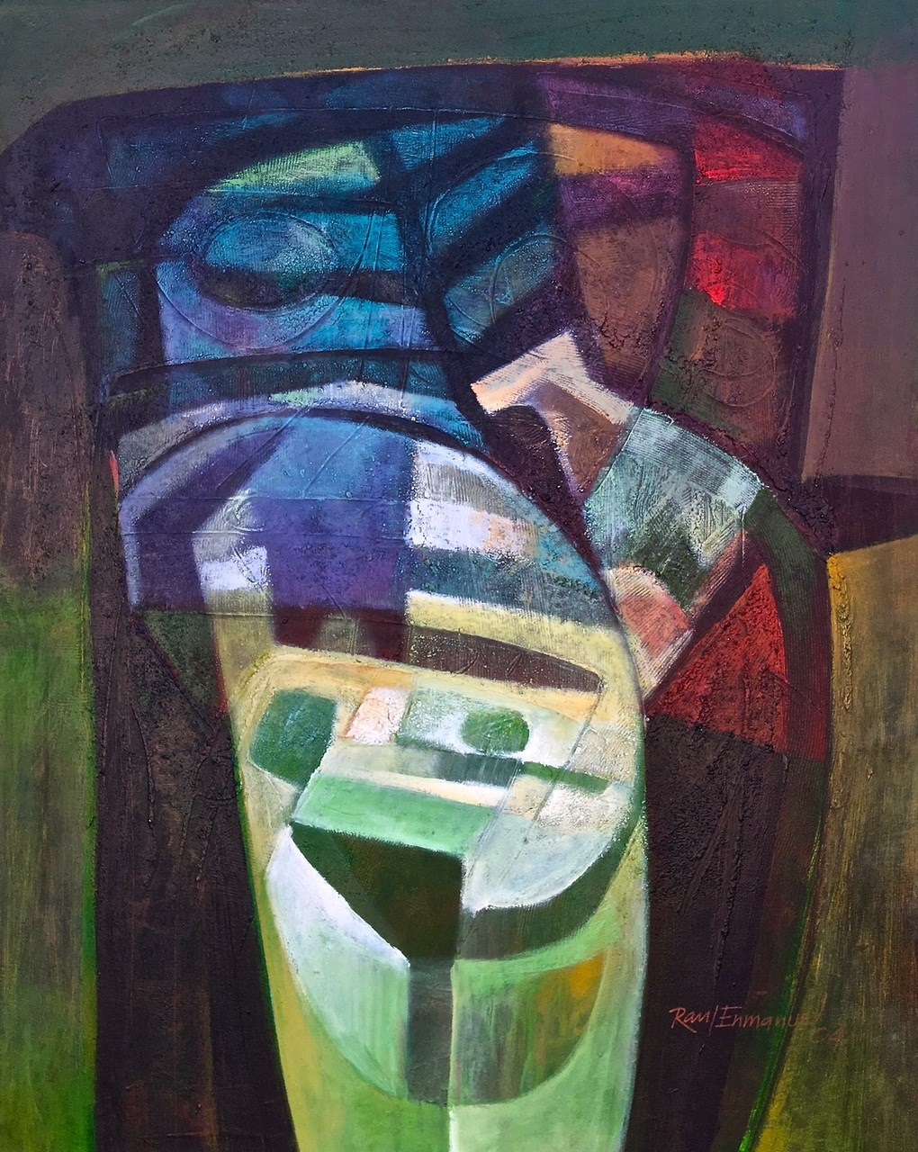 A painting of a glass of water on a table.