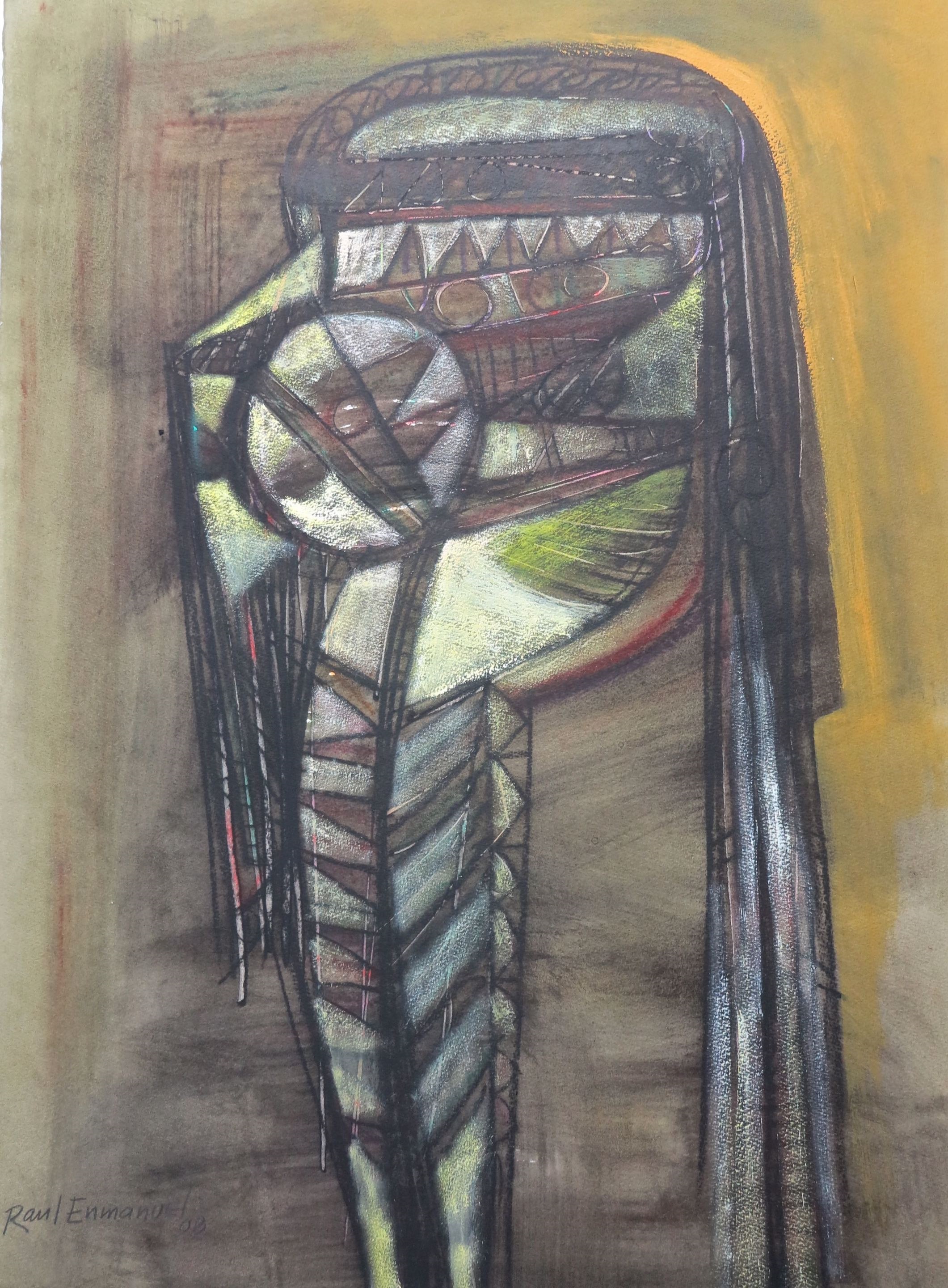 A drawing of a woman with a hat on her head.